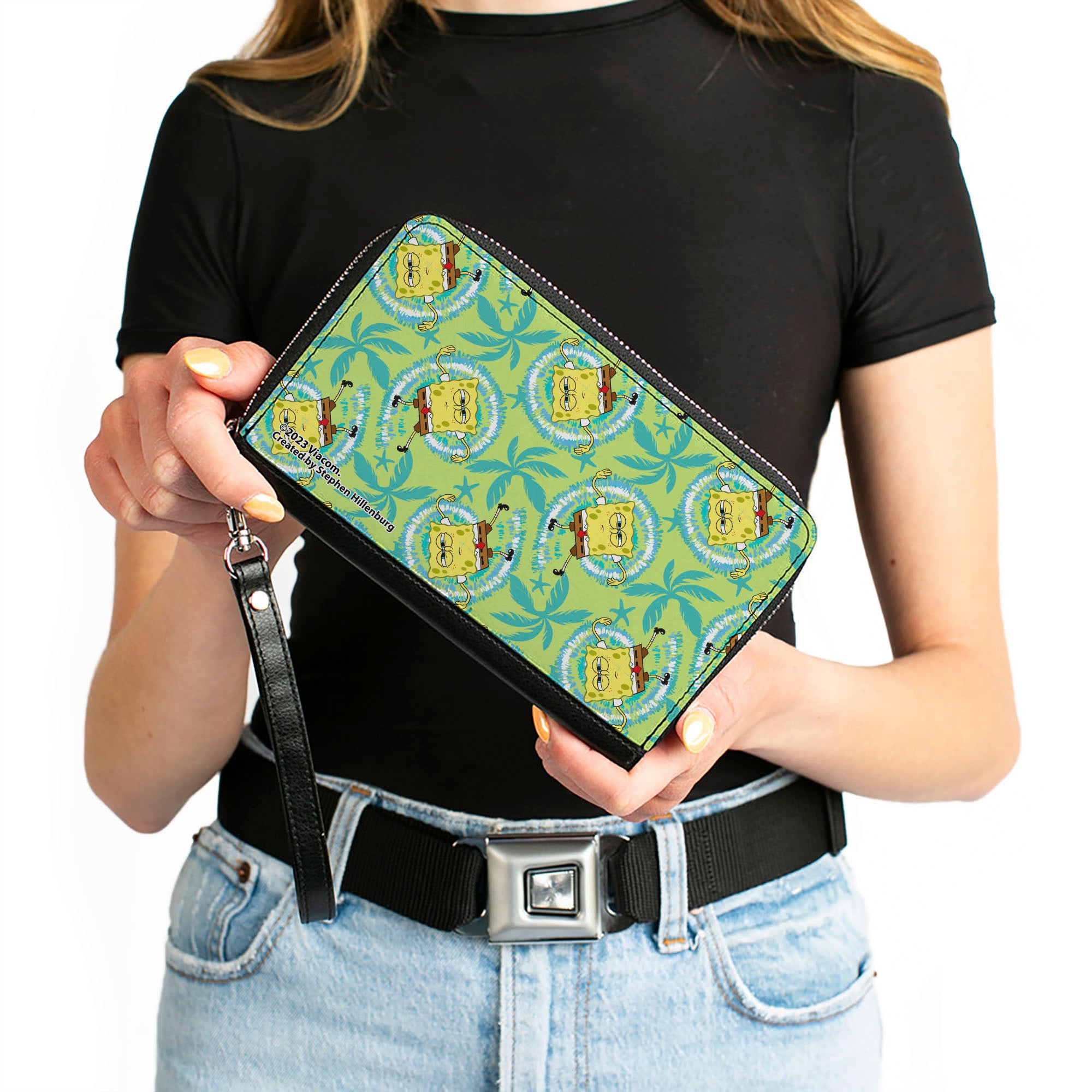 PU Zip Around Wallet Rectangle - SpongeBob Wavy Noodle Arm Pose Tropical Tie Dye Green/Blue/White Clutch Zip Around Wallets SpongeBob SquarePants