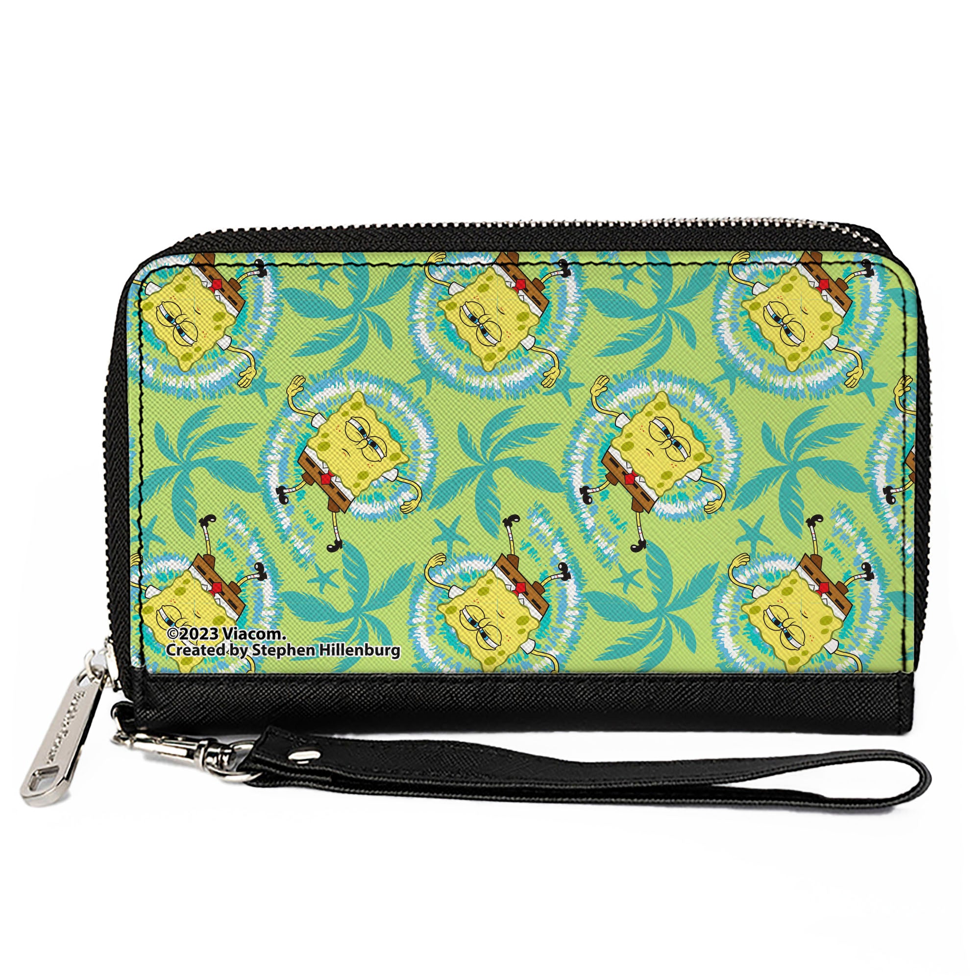 PU Zip Around Wallet Rectangle - SpongeBob Wavy Noodle Arm Pose Tropical Tie Dye Green/Blue/White Clutch Zip Around Wallets SpongeBob SquarePants
