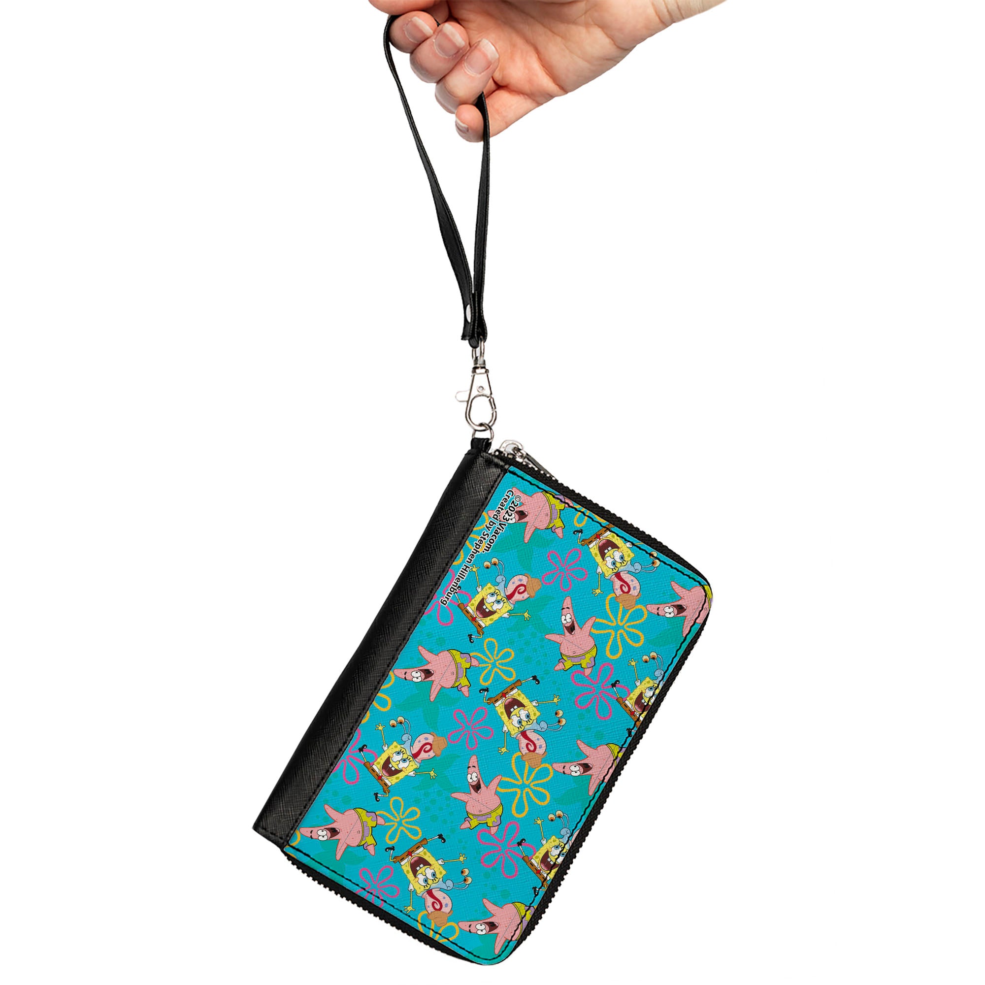 PU Zip Around Wallet Rectangle - SpongeBob Patrick and Gary Joy Poses and Flowers Scattered Blue Clutch Zip Around Wallets SpongeBob SquarePants