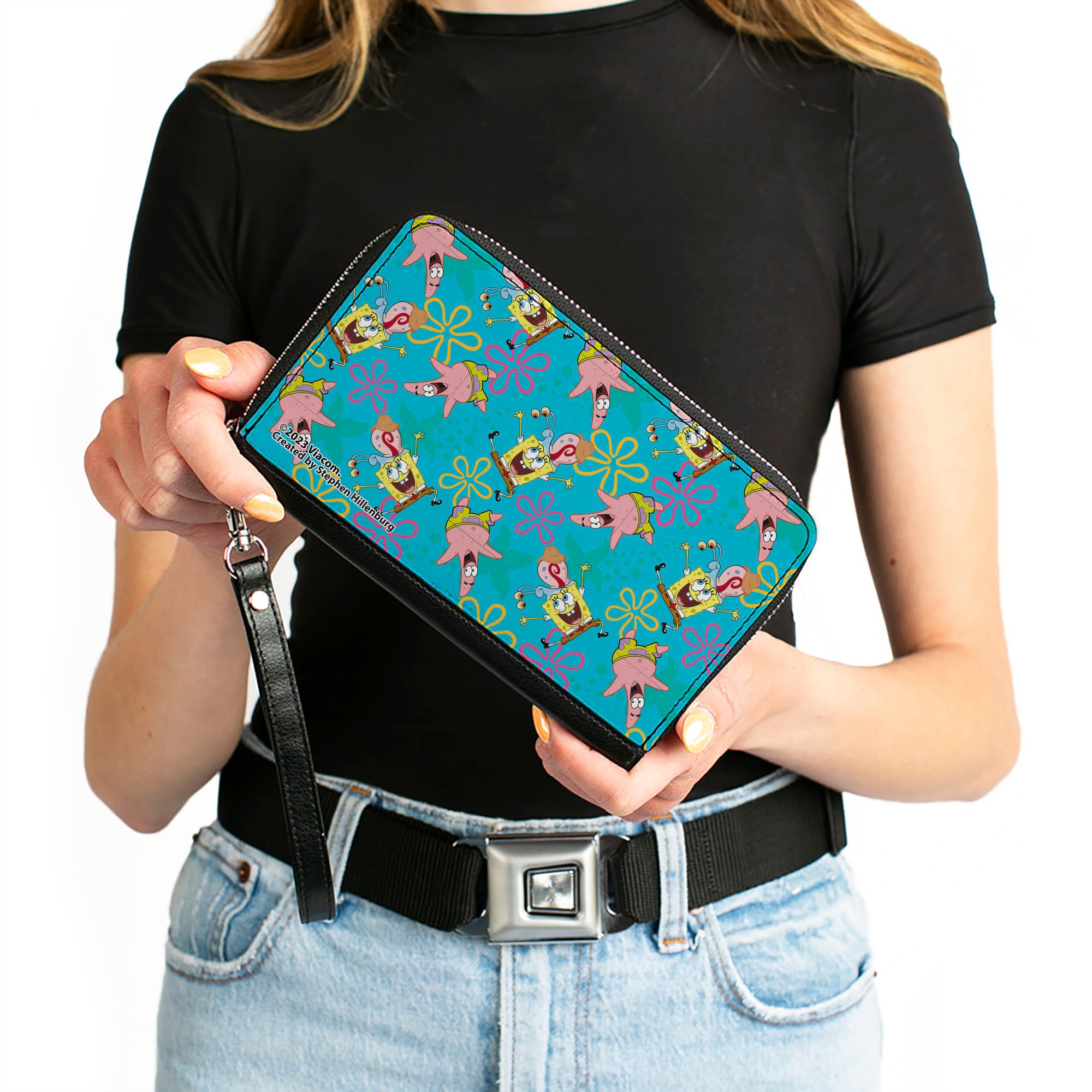 PU Zip Around Wallet Rectangle - SpongeBob Patrick and Gary Joy Poses and Flowers Scattered Blue Clutch Zip Around Wallets SpongeBob SquarePants