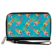 PU Zip Around Wallet Rectangle - SpongeBob Patrick and Gary Joy Poses and Flowers Scattered Blue Clutch Zip Around Wallets SpongeBob SquarePants