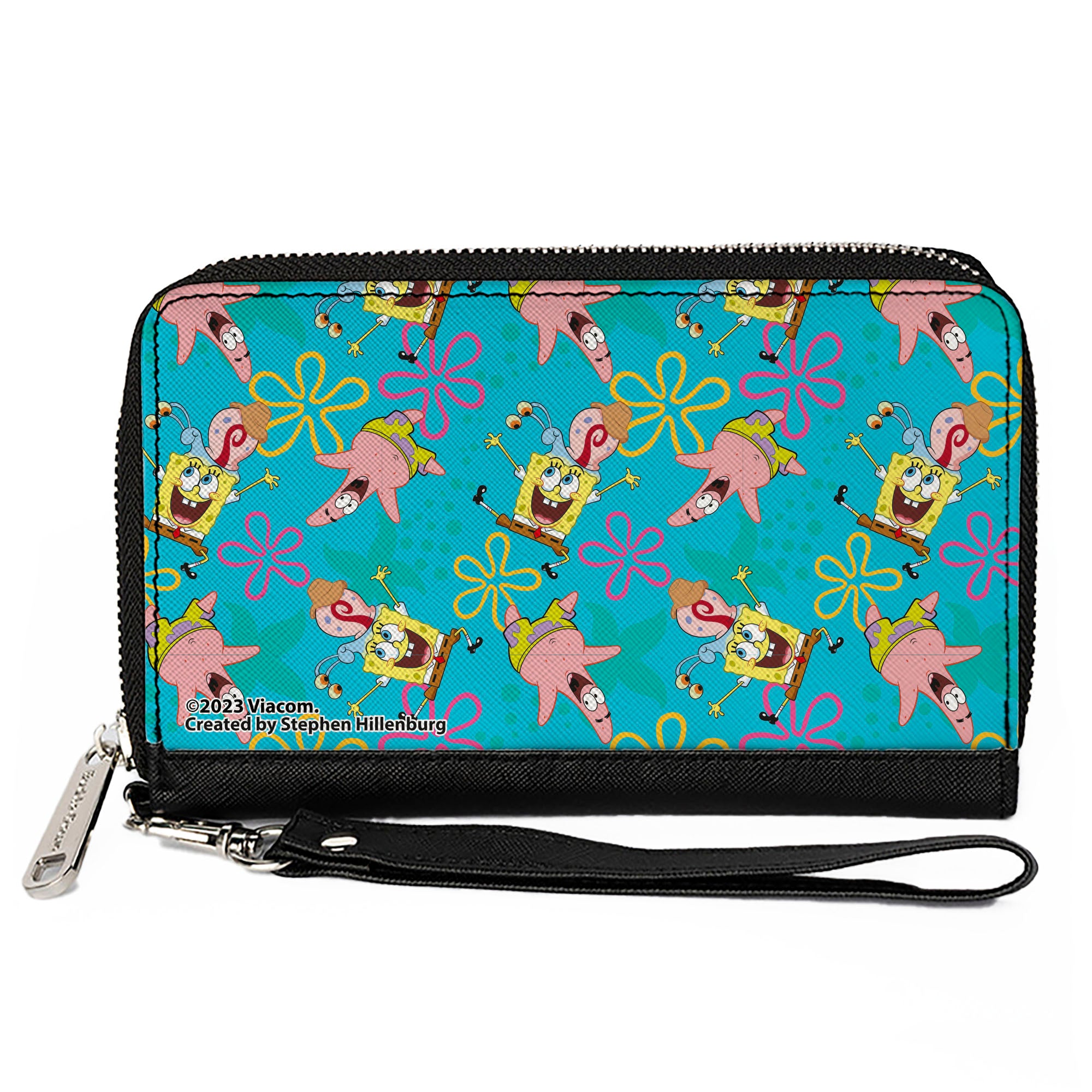 PU Zip Around Wallet Rectangle - SpongeBob Patrick and Gary Joy Poses and Flowers Scattered Blue Clutch Zip Around Wallets SpongeBob SquarePants