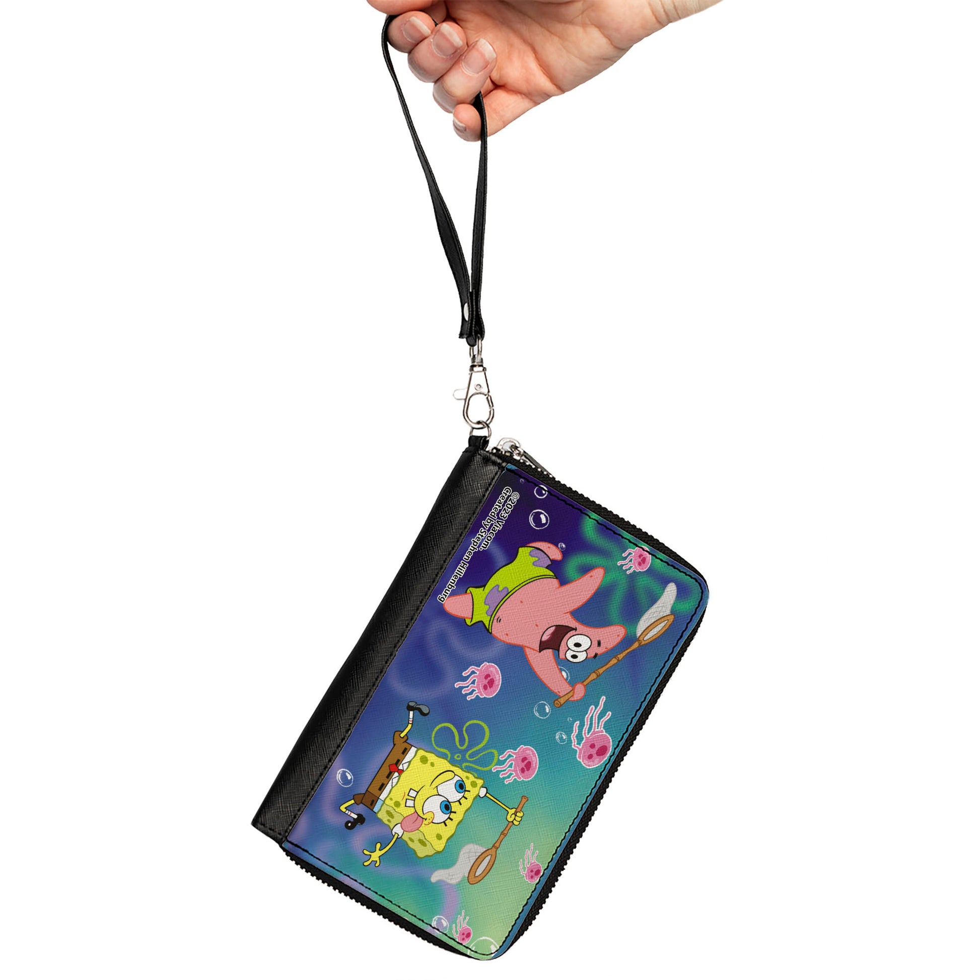 PU Zip Around Wallet Rectangle - Patrick Star & SpongeBob SquarePants Jellyfishing Catch Pose Clutch Zip Around Wallets SpongeBob SquarePants