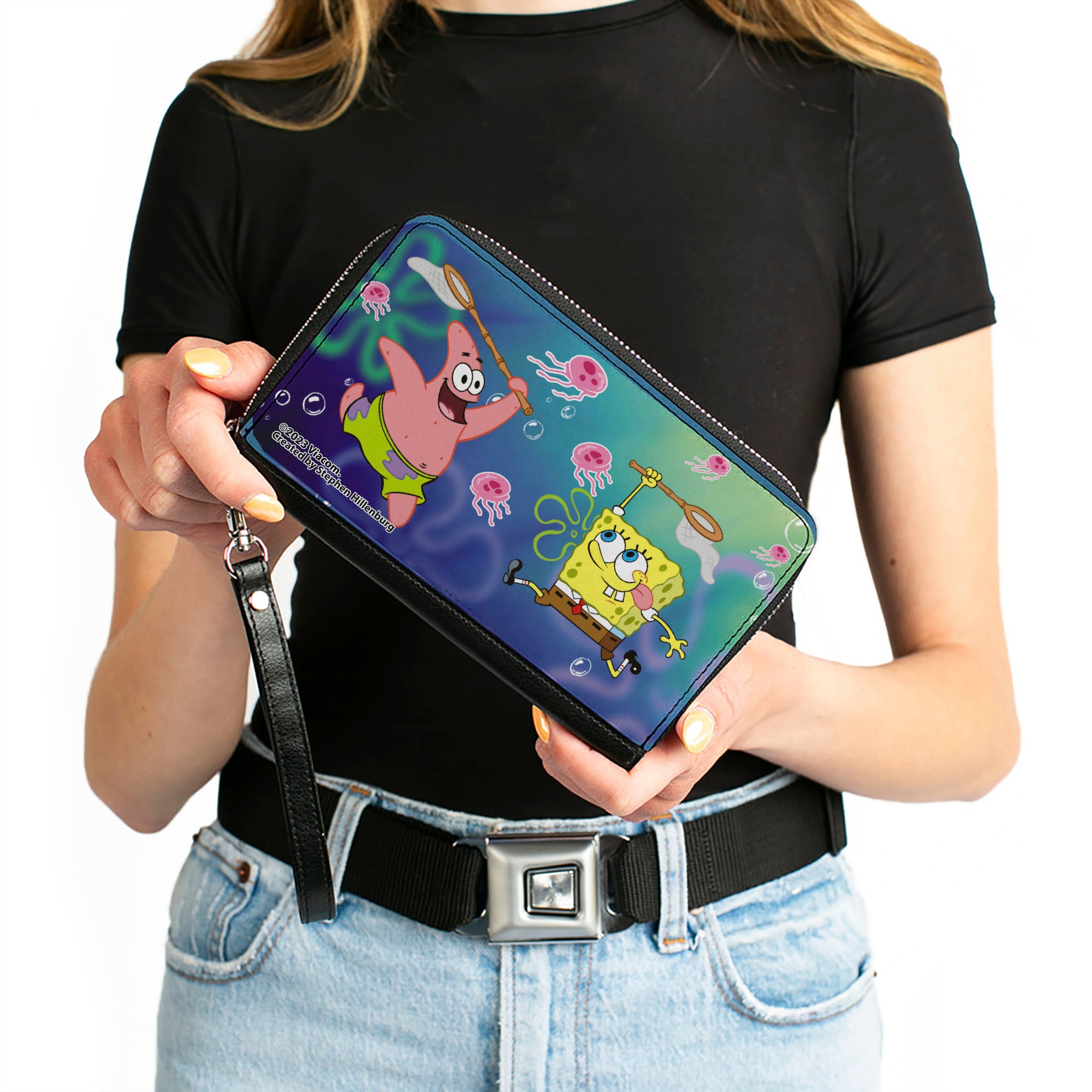PU Zip Around Wallet Rectangle - Patrick Star & SpongeBob SquarePants Jellyfishing Catch Pose Clutch Zip Around Wallets SpongeBob SquarePants