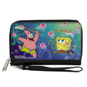 PU Zip Around Wallet Rectangle - Patrick Star & SpongeBob SquarePants Jellyfishing Catch Pose Clutch Zip Around Wallets SpongeBob SquarePants