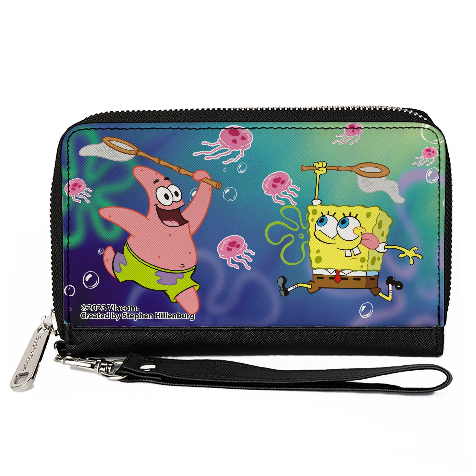 PU Zip Around Wallet Rectangle - Patrick Star & SpongeBob SquarePants Jellyfishing Catch Pose Clutch Zip Around Wallets SpongeBob SquarePants