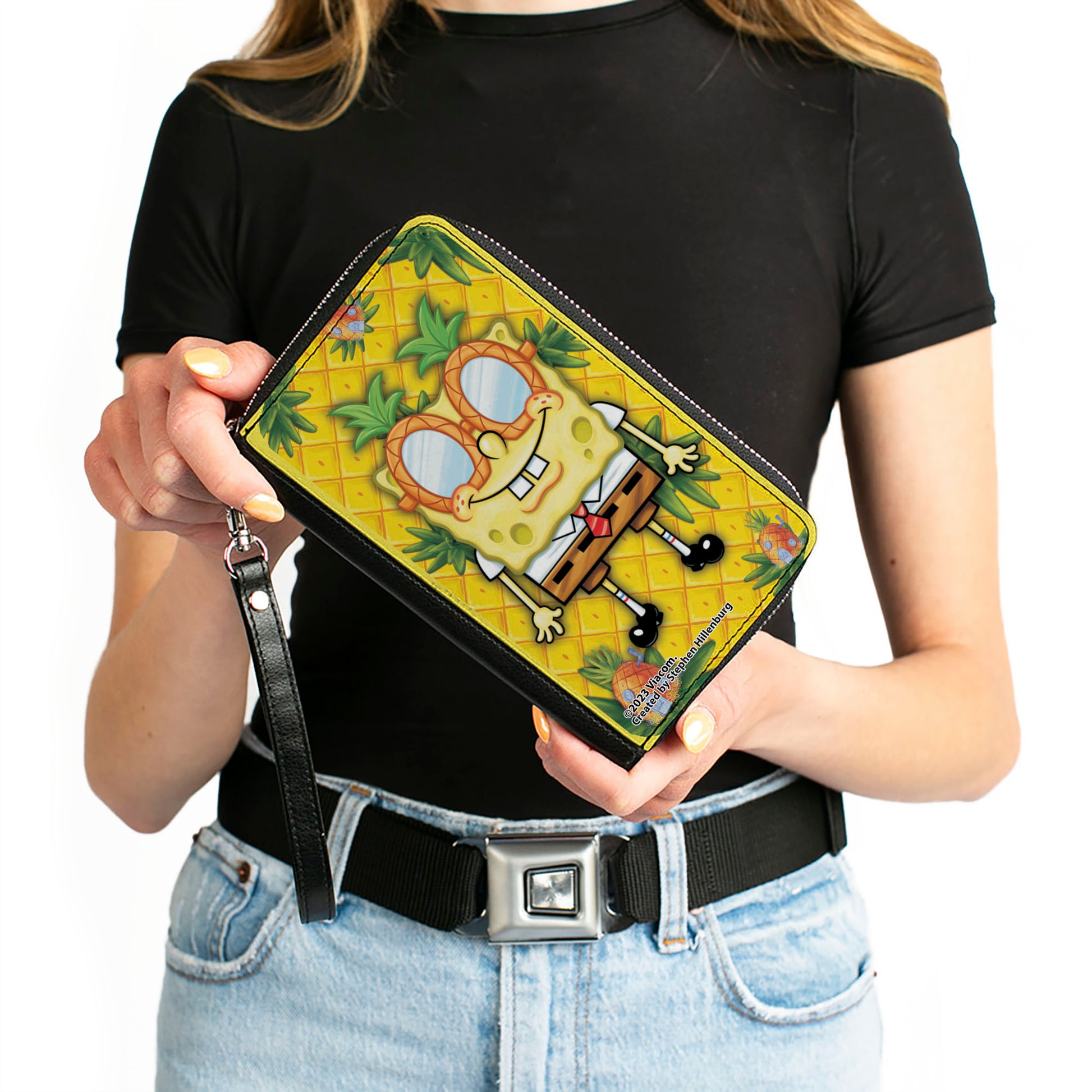 PU Zip Around Wallet Rectangle - SpongeBob SquarePants Pineapple Eyes Pose Pineapple Gold Clutch Zip Around Wallets SpongeBob SquarePants