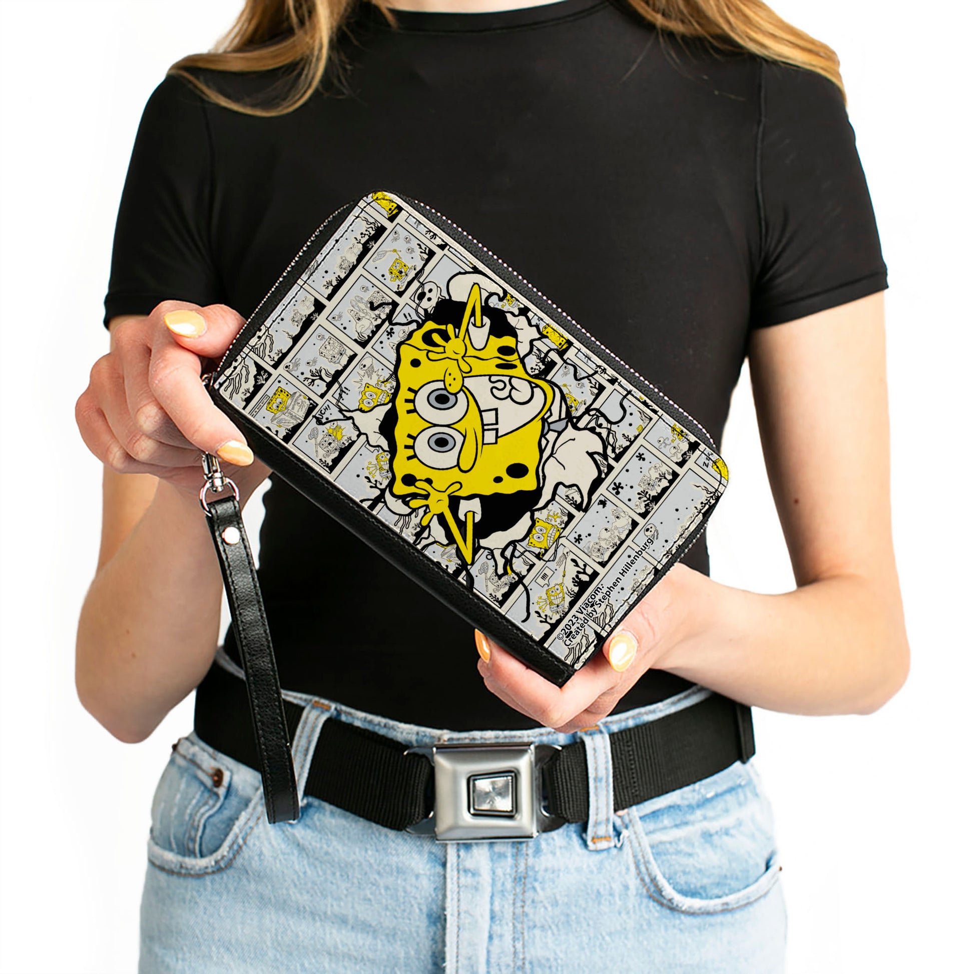 PU Zip Around Wallet Rectangle - SpongeBob Breakthrough Scene Blocks Clutch Zip Around Wallets SpongeBob SquarePants
