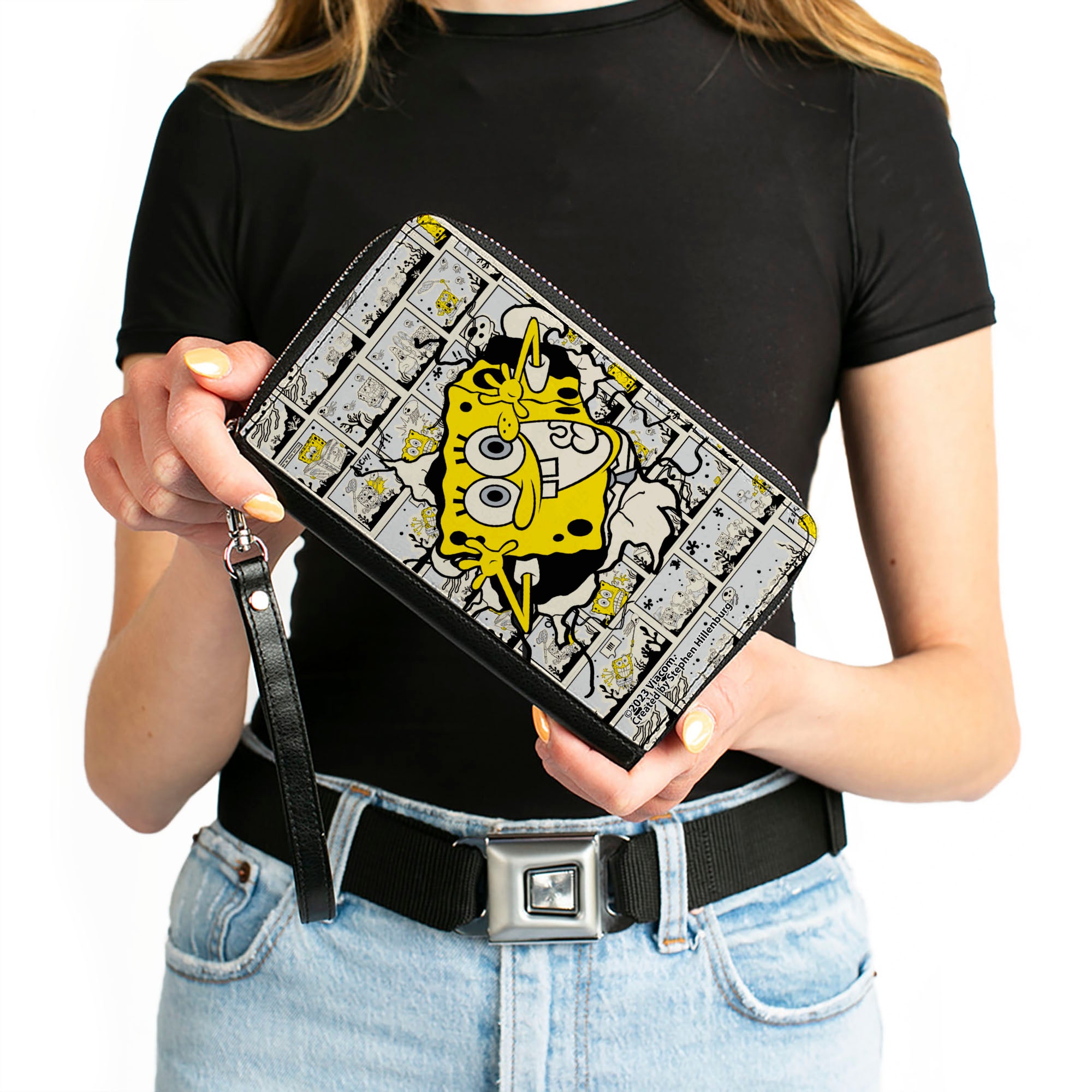 PU Zip Around Wallet Rectangle - SpongeBob Breakthrough Scene Blocks Clutch Zip Around Wallets SpongeBob SquarePants