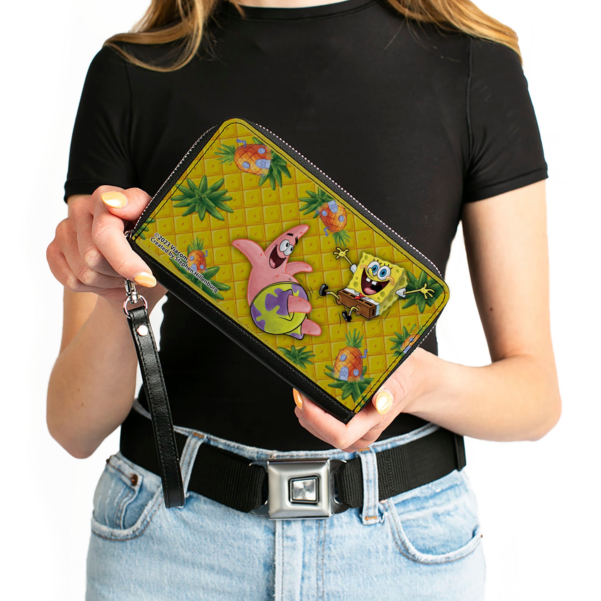 PU Zip Around Wallet Rectangle - SpongeBob SquarePants & Patrick Star Pose Pineapple Gold Clutch Zip Around Wallets SpongeBob SquarePants