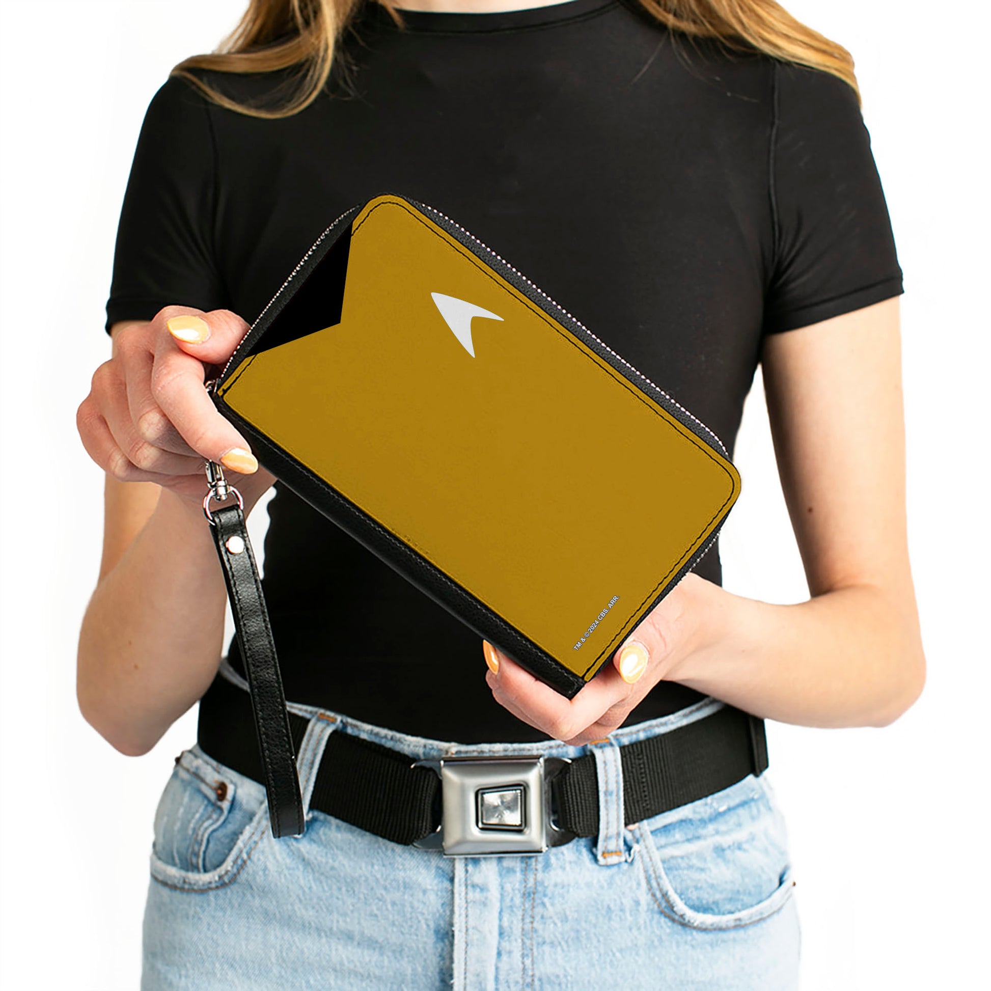 PU Zip Around Wallet Rectangle - Classic Star Trek Captain Kirk Character Body Close-Up Yellow Clutch Zip Around Wallets Star Trek