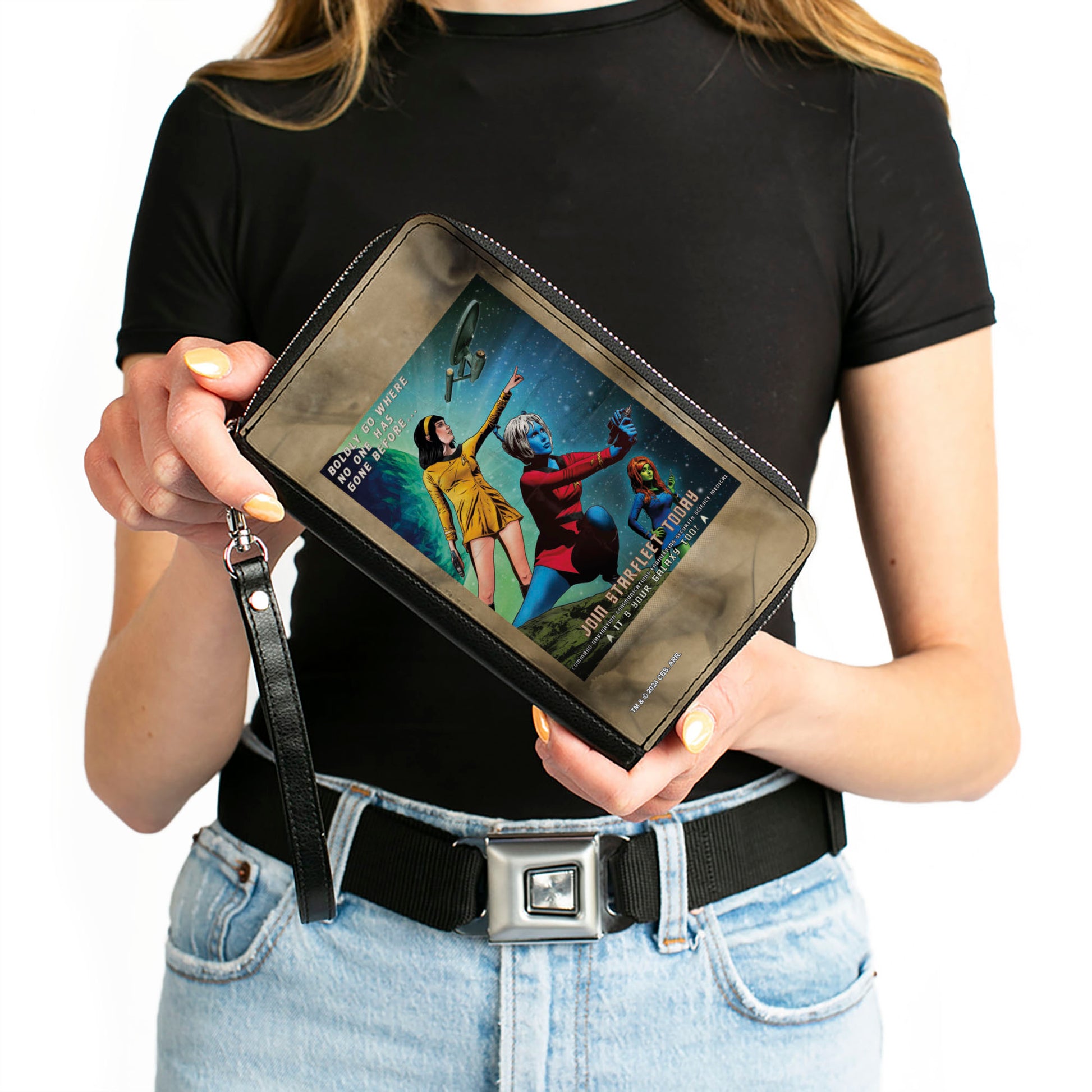 PU Zip Around Wallet Rectangle - Classic Star Trek JOIN STARFLEET TODAY Member Group Pose Clutch Zip Around Wallets Star Trek