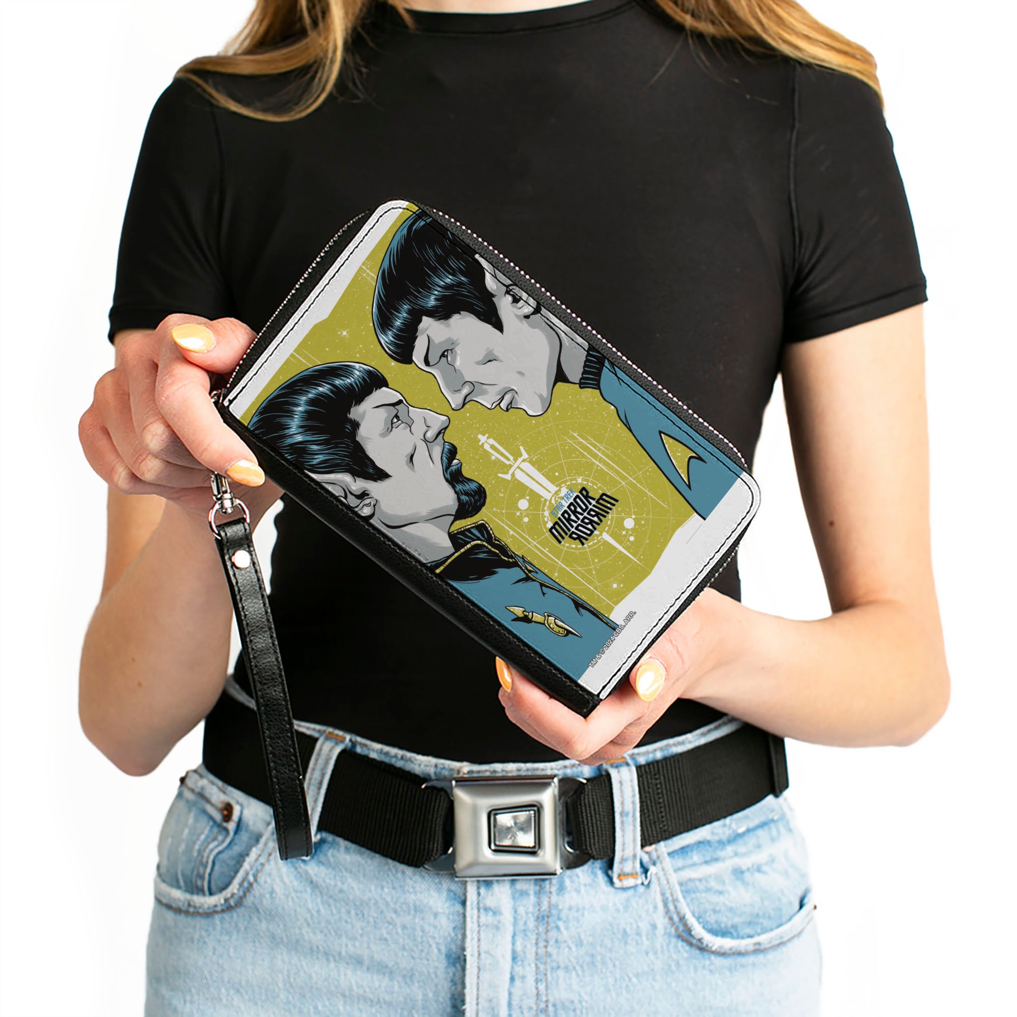 PU Zip Around Wallet Rectangle - Classic Star Trek MIRROR MIRROR Spock Characters Greens/Blues Clutch Zip Around Wallets Star Trek