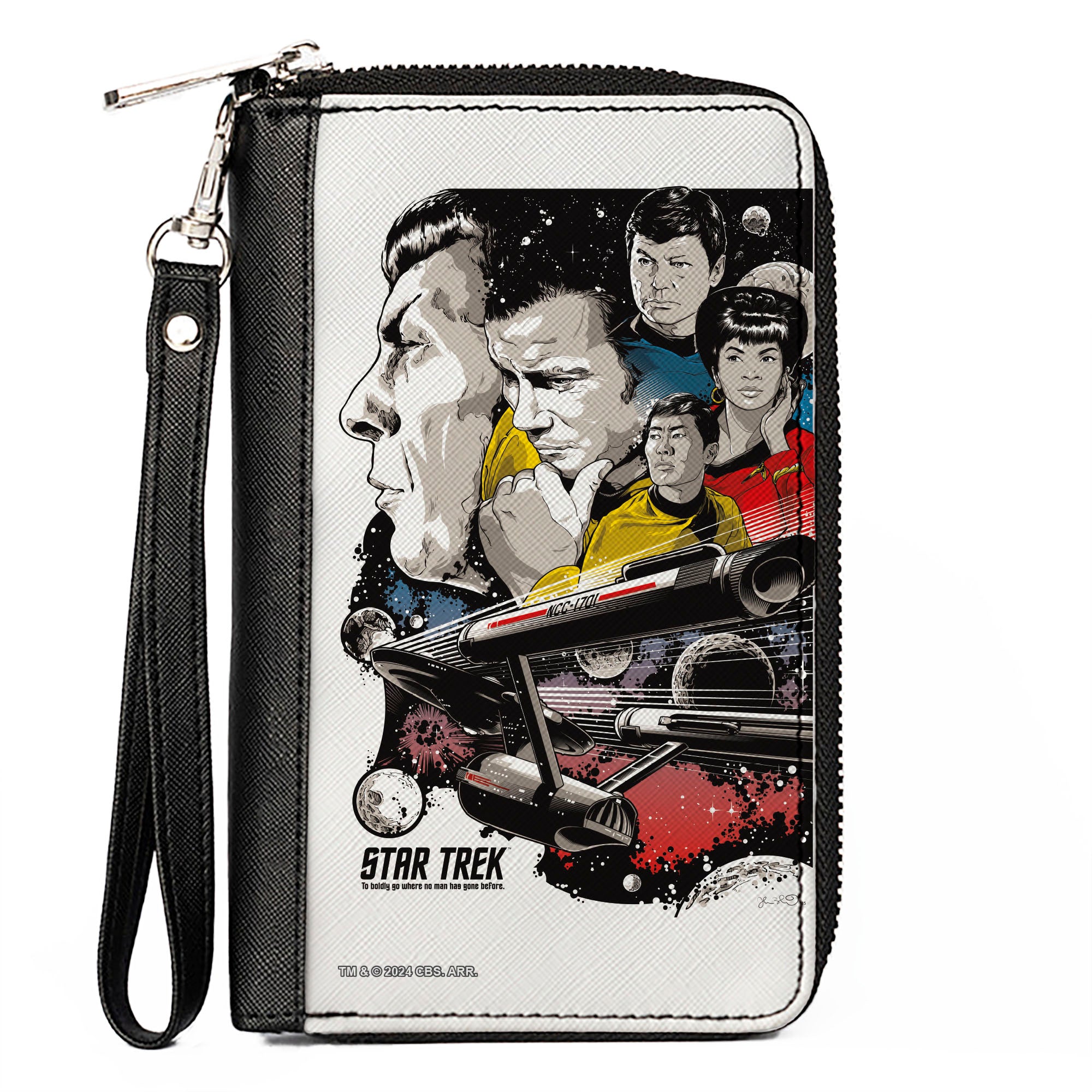 PU Zip Around Wallet Rectangle - Classic Star Trek Crew and Enterprise Poster White/Multi Color Clutch Zip Around Wallets Star Trek