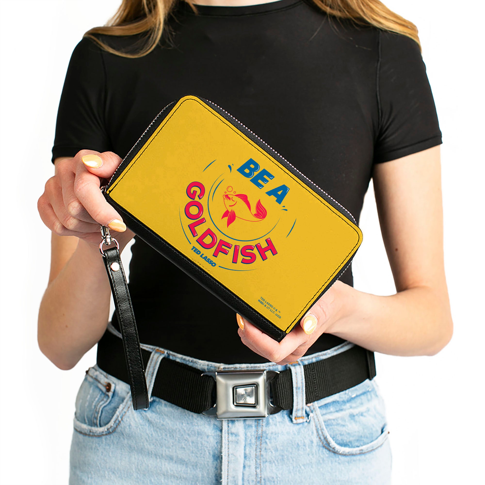 PU Zip Around Wallet Rectangle - Ted Lasso BE A GOLDFISH Quote Yellow Blue Red Clutch Zip Around Wallets Ted Lasso   