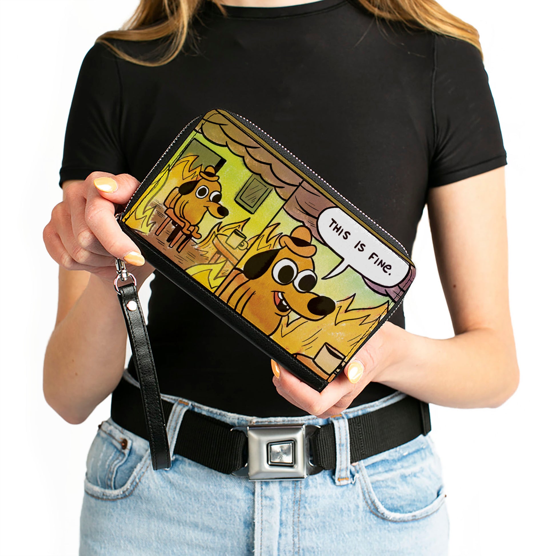 PU Zip Around Wallet Rectangle - THIS IS FINE Question Hound Cafe Fire Comic Strip Blocks Clutch Zip Around Wallets This is Fine