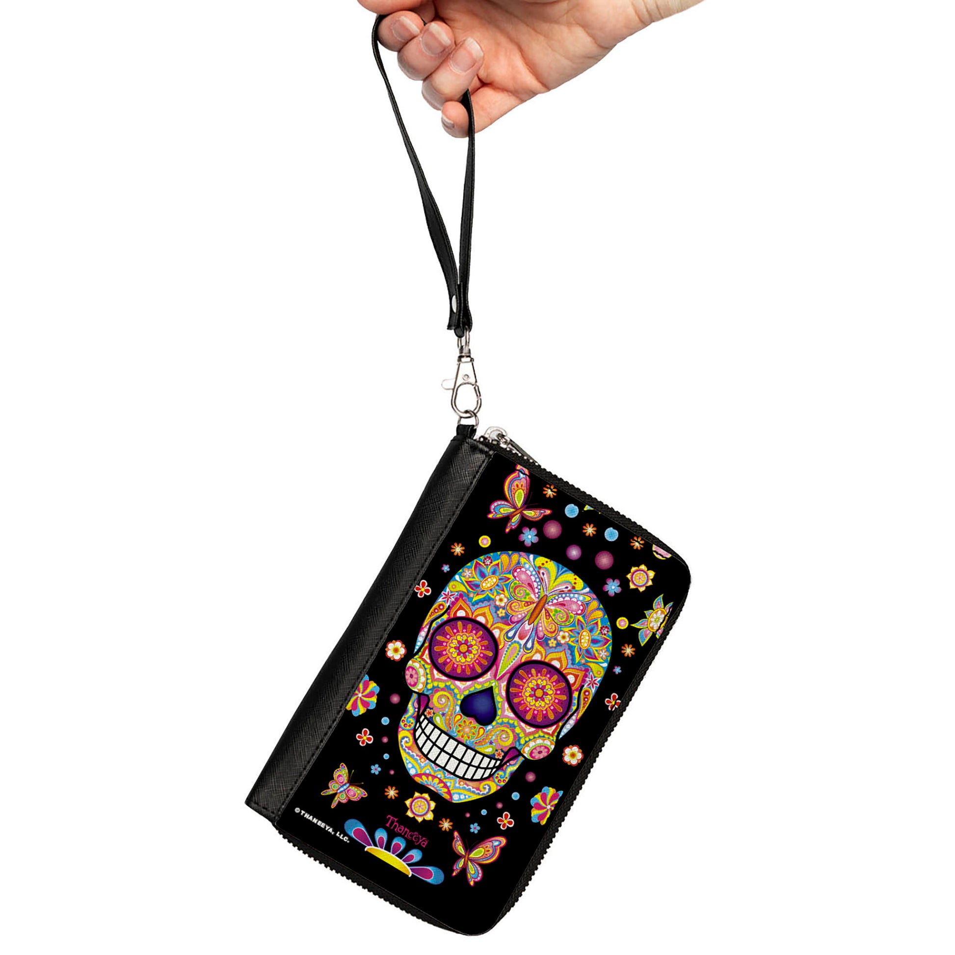PU Zip Around Wallet Rectangle - Mariposa Calaveras/Butterflies/Flowers Black/Multi Color Clutch Zip Around Wallets Thaneeya McArdle   