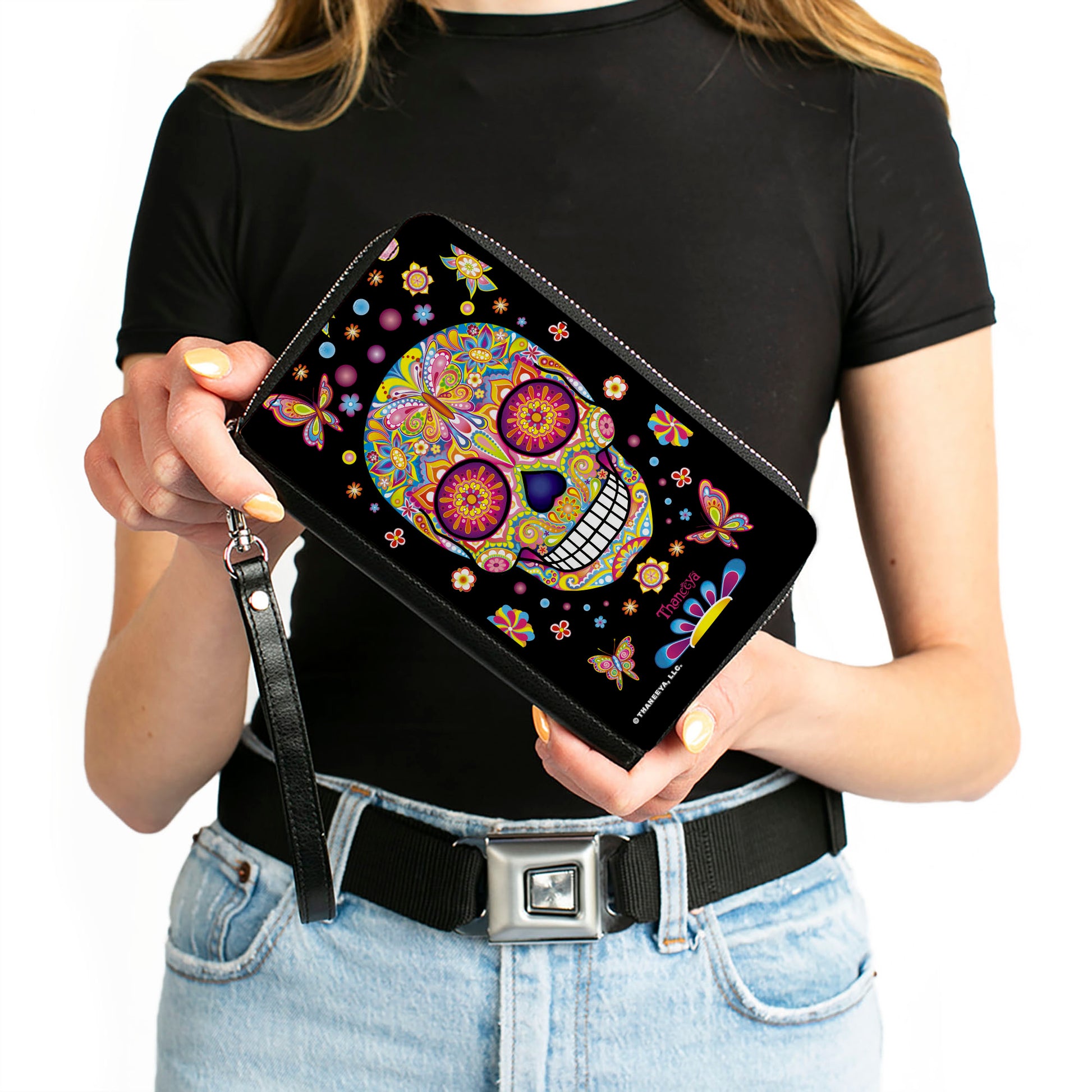 PU Zip Around Wallet Rectangle - Mariposa Calaveras/Butterflies/Flowers Black/Multi Color Clutch Zip Around Wallets Thaneeya McArdle   