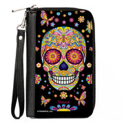PU Zip Around Wallet Rectangle - Mariposa Calaveras/Butterflies/Flowers Black/Multi Color Clutch Zip Around Wallets Thaneeya McArdle   