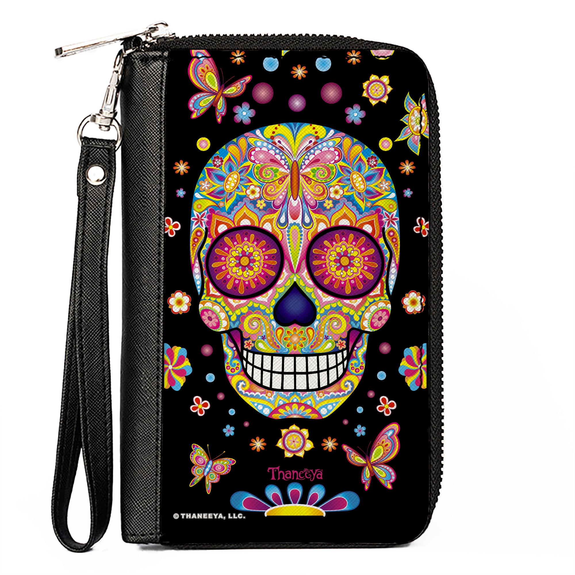 PU Zip Around Wallet Rectangle - Mariposa Calaveras/Butterflies/Flowers Black/Multi Color Clutch Zip Around Wallets Thaneeya McArdle   