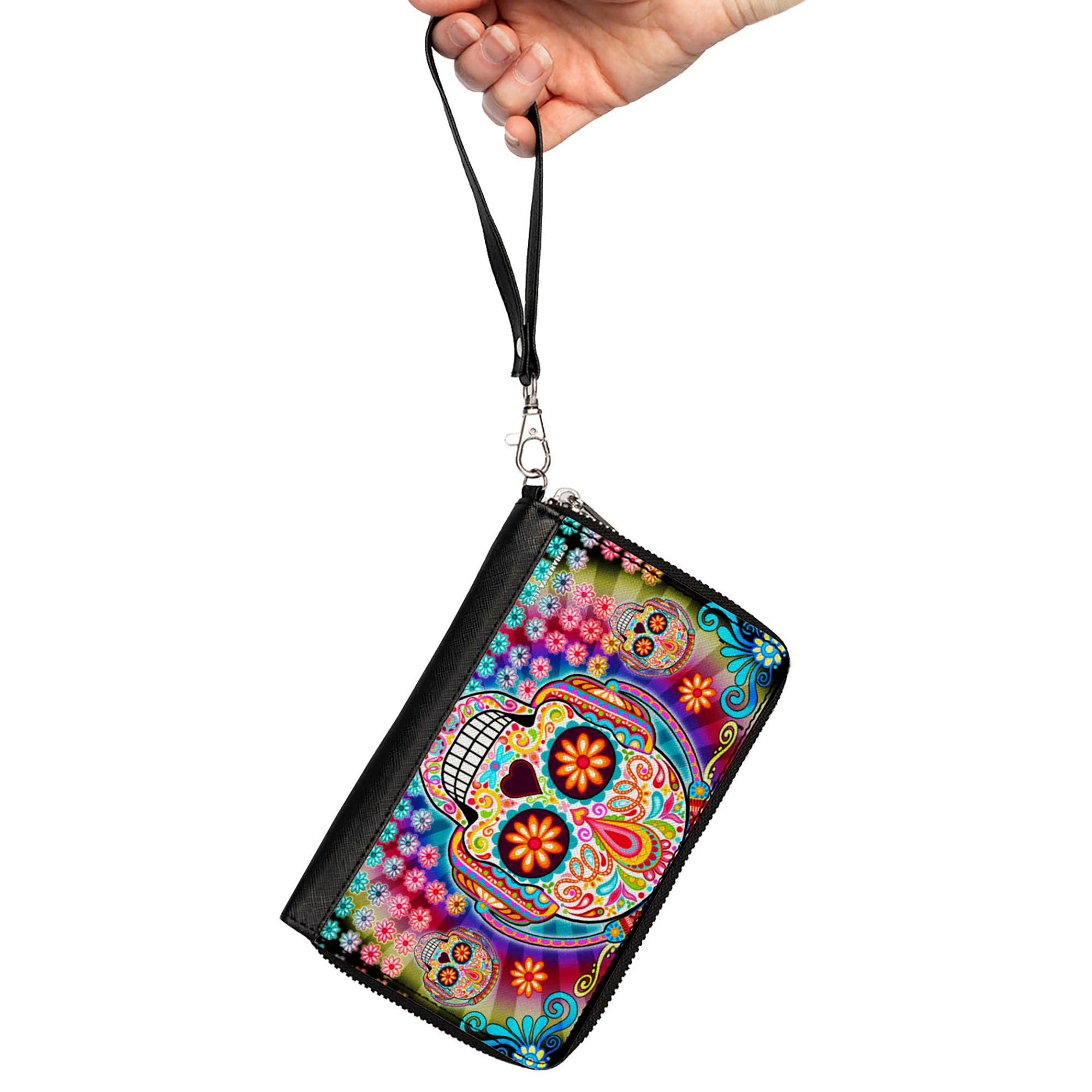PU Zip Around Wallet Rectangle - Tranquility Beats Calaveras & Flowers/Rays Black/Multi Color Clutch Zip Around Wallets Thaneeya McArdle   