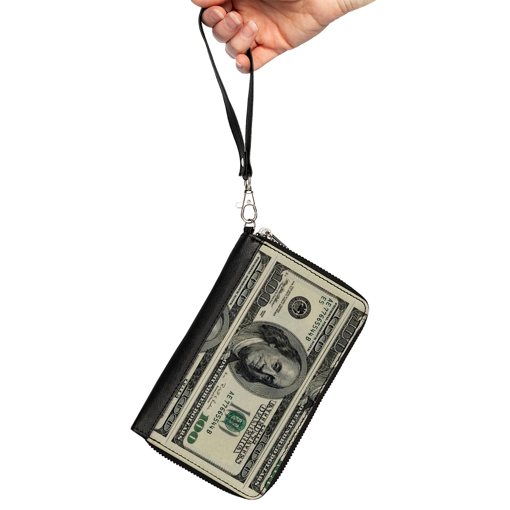PU Zip Around Wallet Rectangle - 100 Dollar Bills Clutch Zip Around Wallets Buckle-Down   