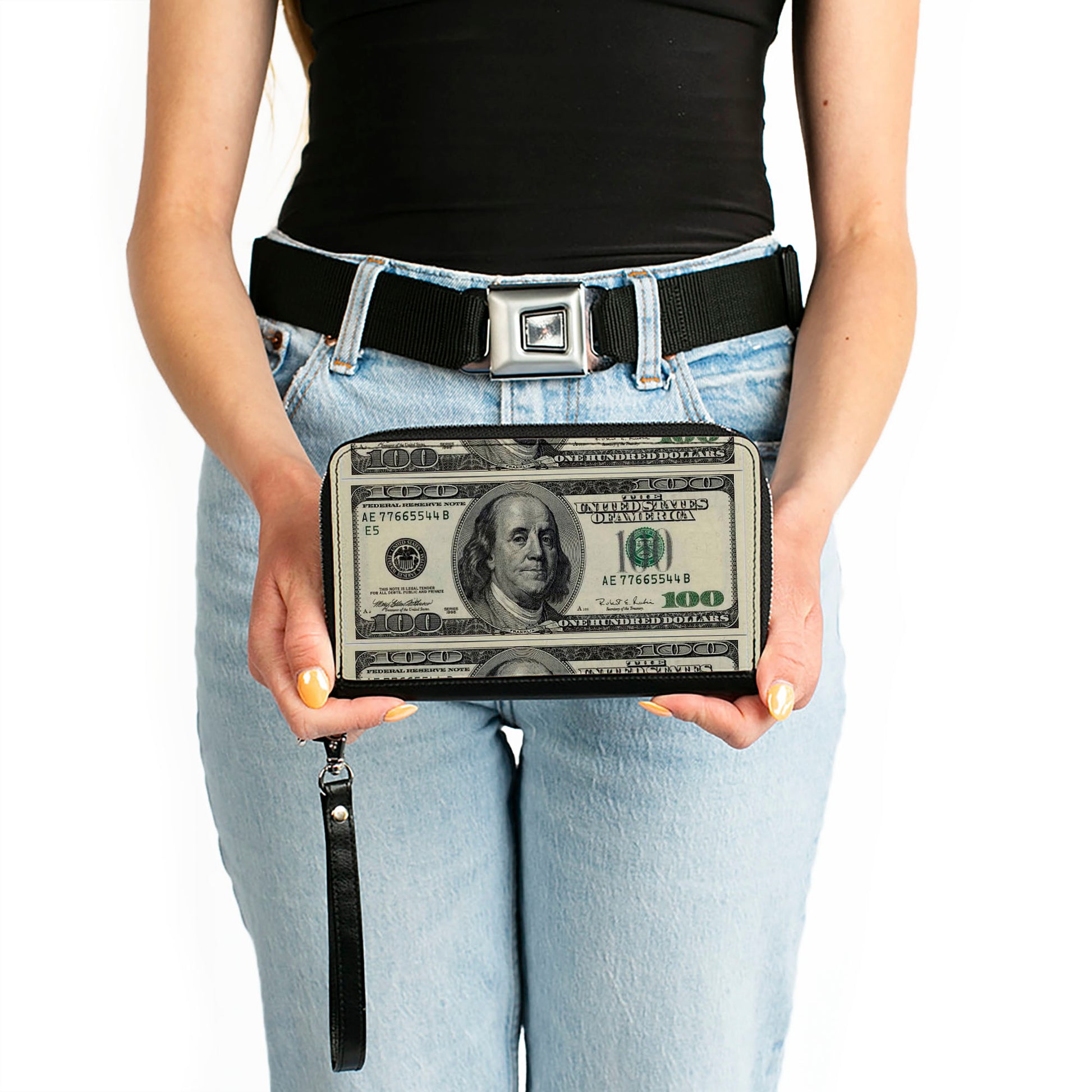 PU Zip Around Wallet Rectangle - 100 Dollar Bills Clutch Zip Around Wallets Buckle-Down   