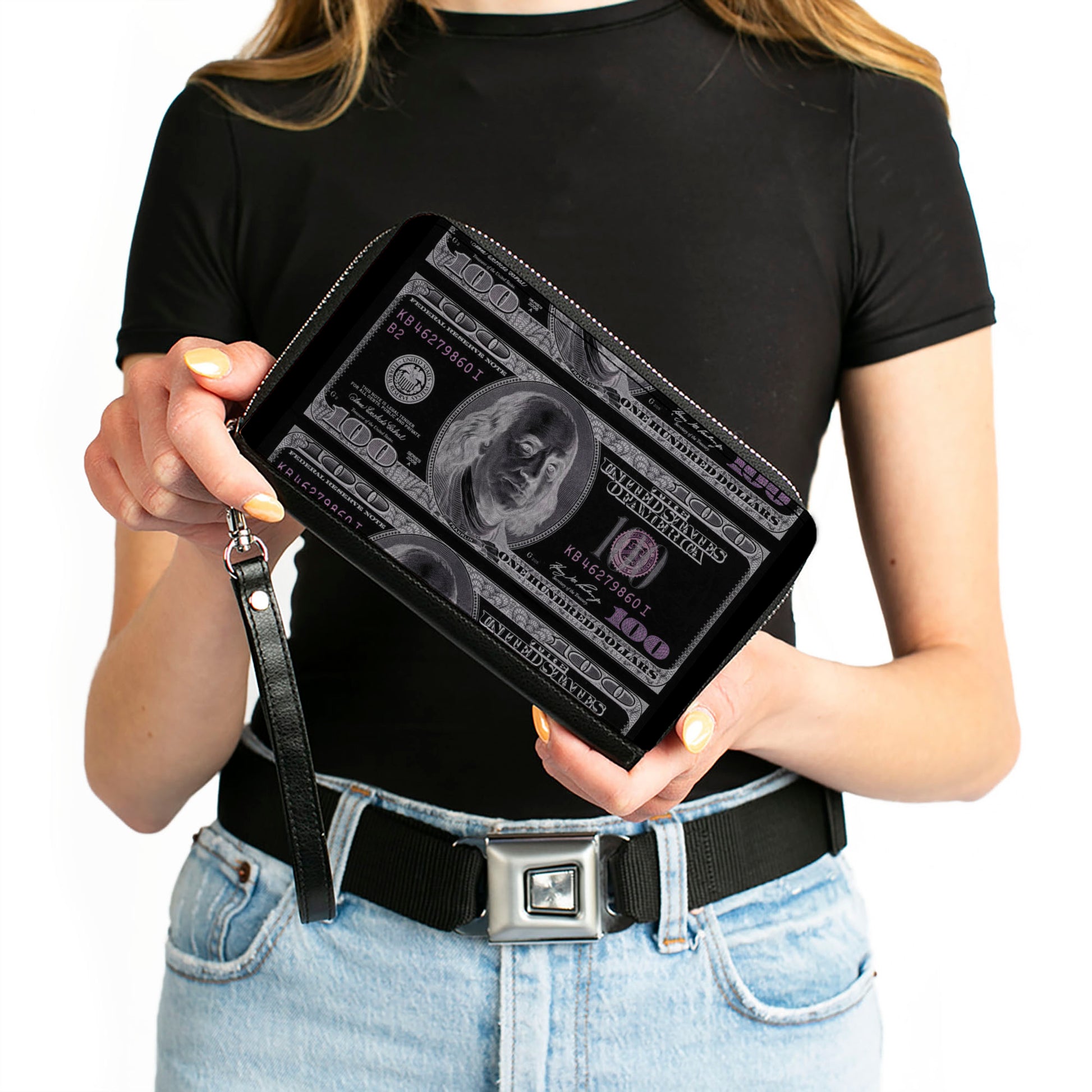 PU Zip Around Wallet Rectangle - 100 Dollar Bill X-Ray Black/White Clutch Zip Around Wallets Buckle-Down   