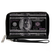 PU Zip Around Wallet Rectangle - 100 Dollar Bill X-Ray Black/White Clutch Zip Around Wallets Buckle-Down   