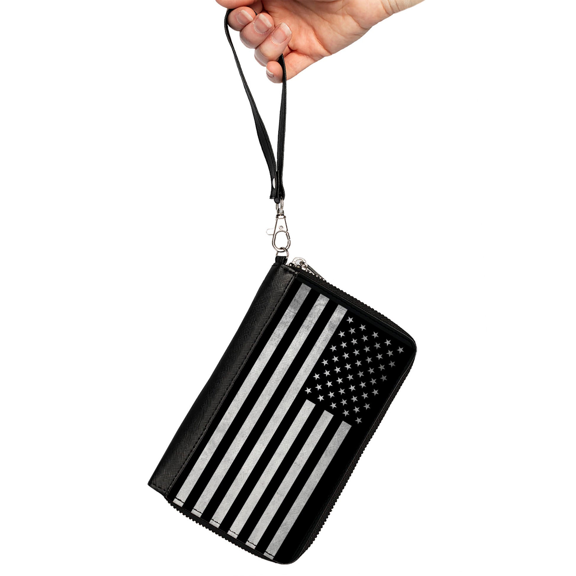 PU Zip Around Wallet Rectangle - American Flag Weathered Black/White Single Clutch Zip Around Wallets Buckle-Down   