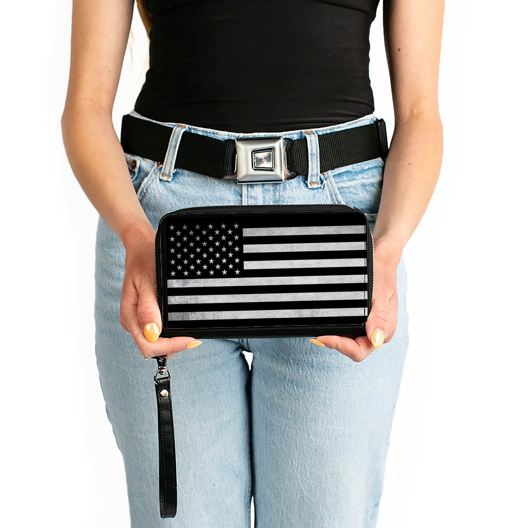 PU Zip Around Wallet Rectangle - American Flag Weathered Black/White Single Clutch Zip Around Wallets Buckle-Down   