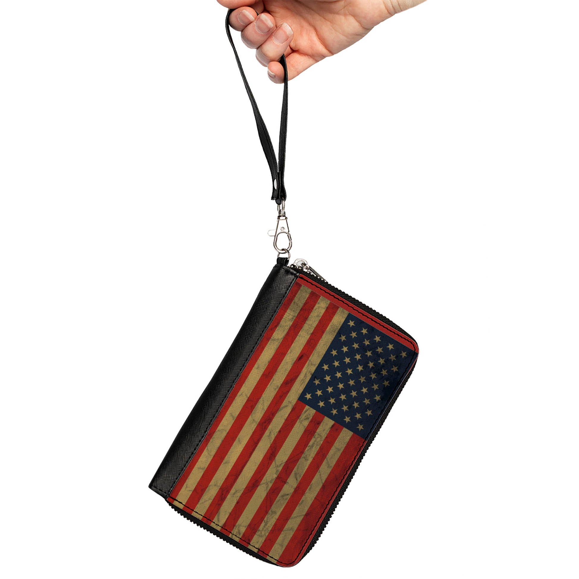 PU Zip Around Wallet Rectangle - American Flag Weathered Single Clutch Zip Around Wallets Buckle-Down   