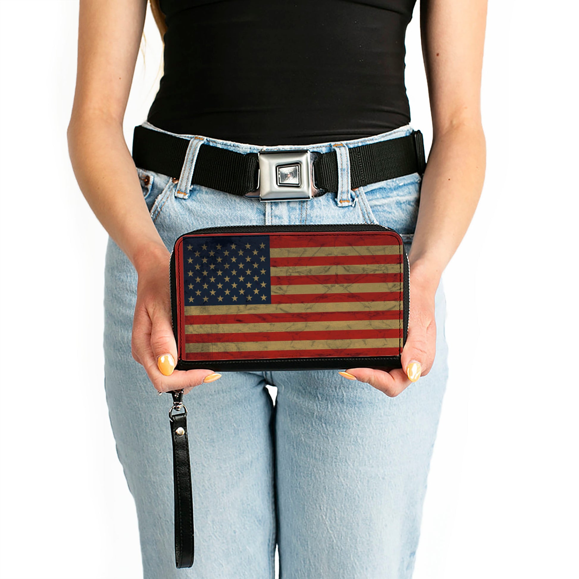 PU Zip Around Wallet Rectangle - American Flag Weathered Single Clutch Zip Around Wallets Buckle-Down   