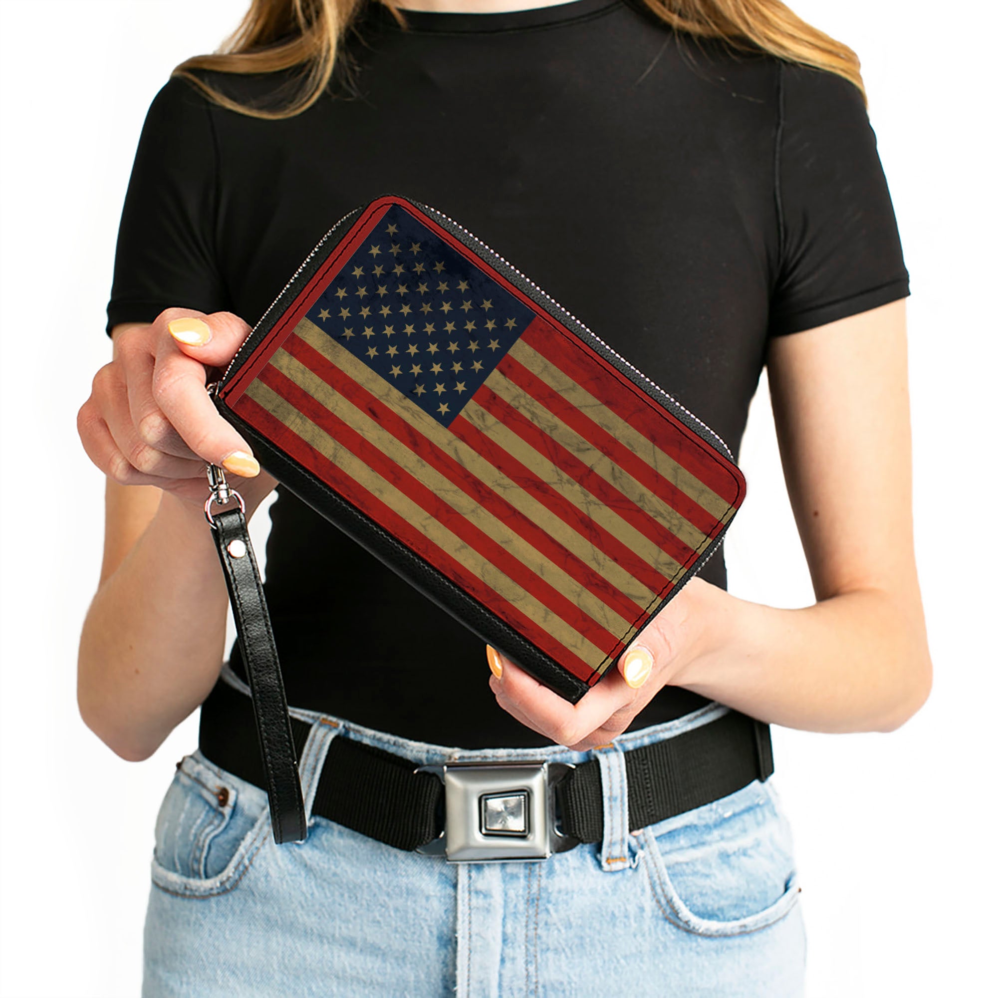 PU Zip Around Wallet Rectangle - American Flag Weathered Single Clutch Zip Around Wallets Buckle-Down   