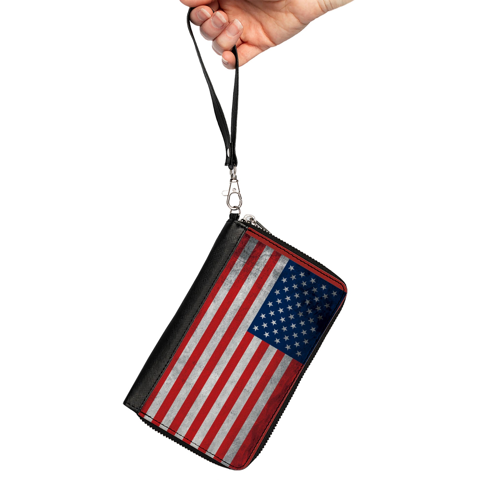 PU Zip Around Wallet Rectangle - American Flag Distressed Single Clutch Zip Around Wallets Buckle-Down   