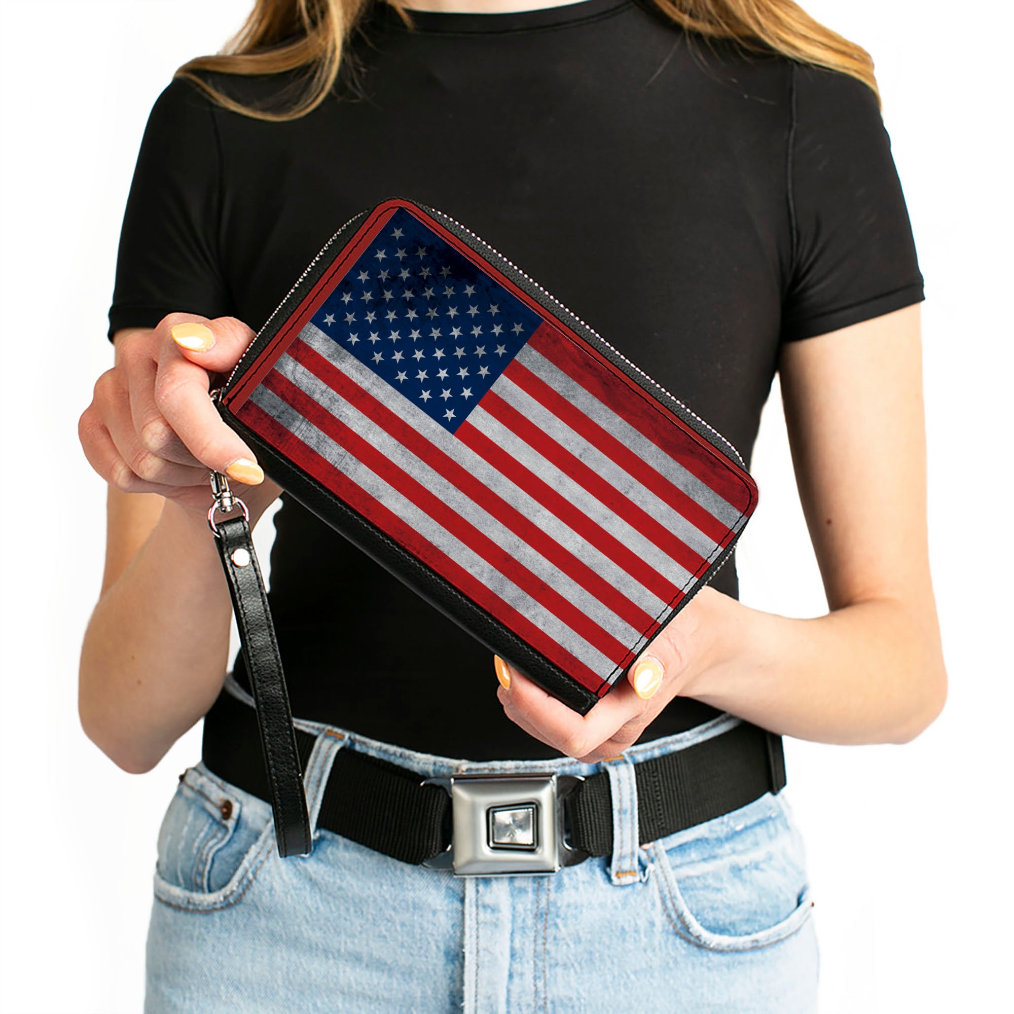 PU Zip Around Wallet Rectangle - American Flag Distressed Single Clutch Zip Around Wallets Buckle-Down   