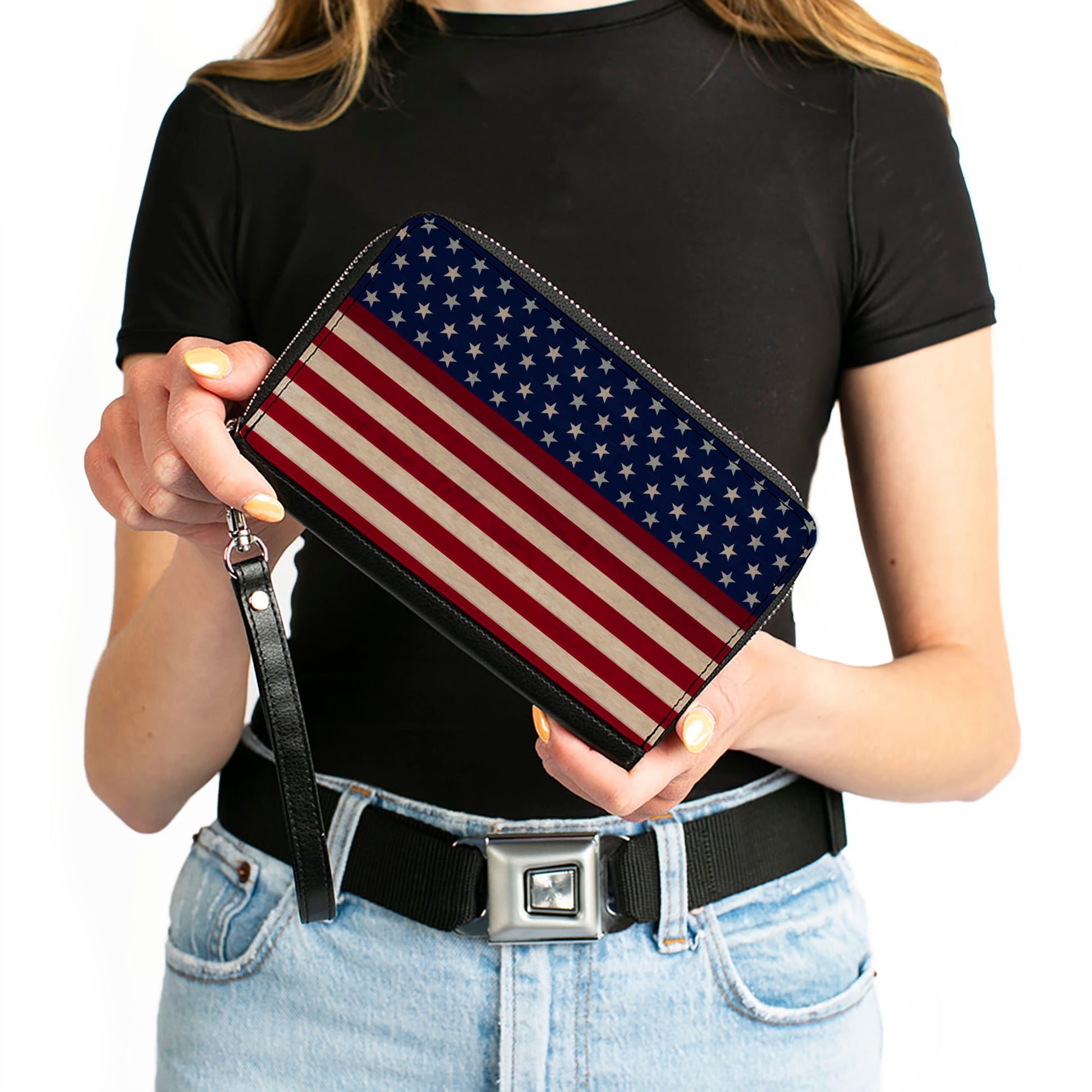 PU Zip Around Wallet Rectangle - American Flag Stripe Clutch Zip Around Wallets Buckle-Down   