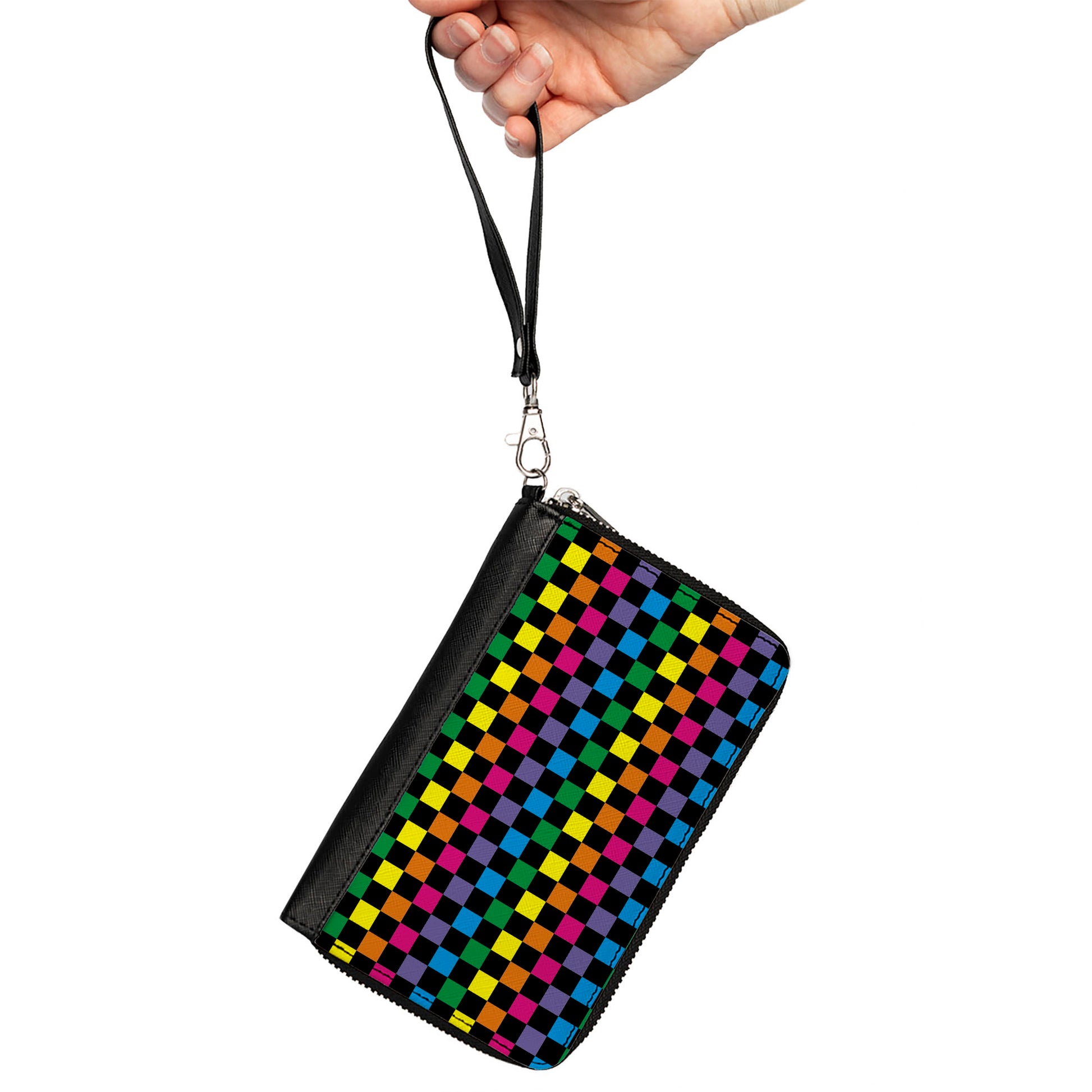 PU Zip Around Wallet Rectangle - Checker Black/Neon Rainbow Clutch Zip Around Wallets Buckle-Down   