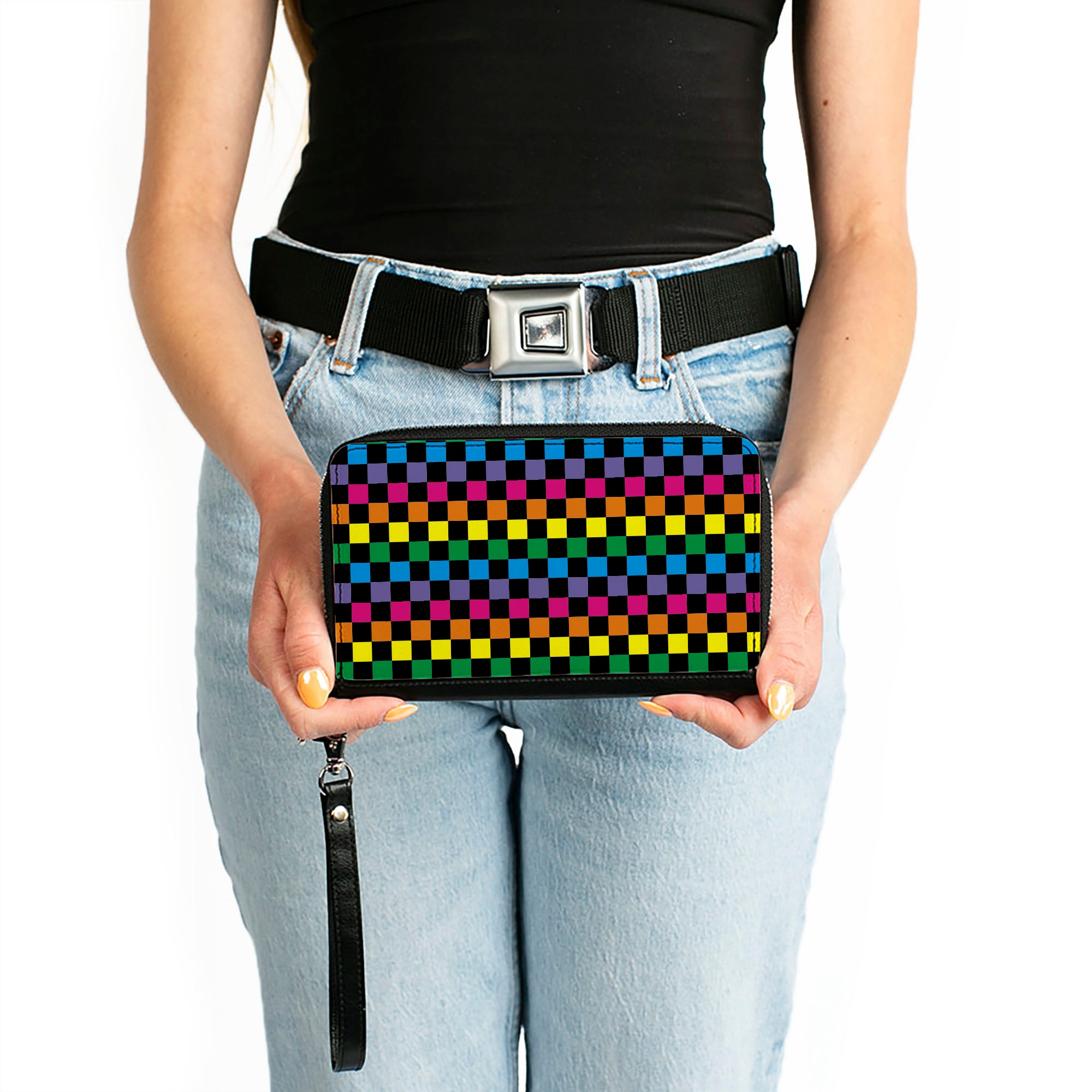 PU Zip Around Wallet Rectangle - Checker Black/Neon Rainbow Clutch Zip Around Wallets Buckle-Down   