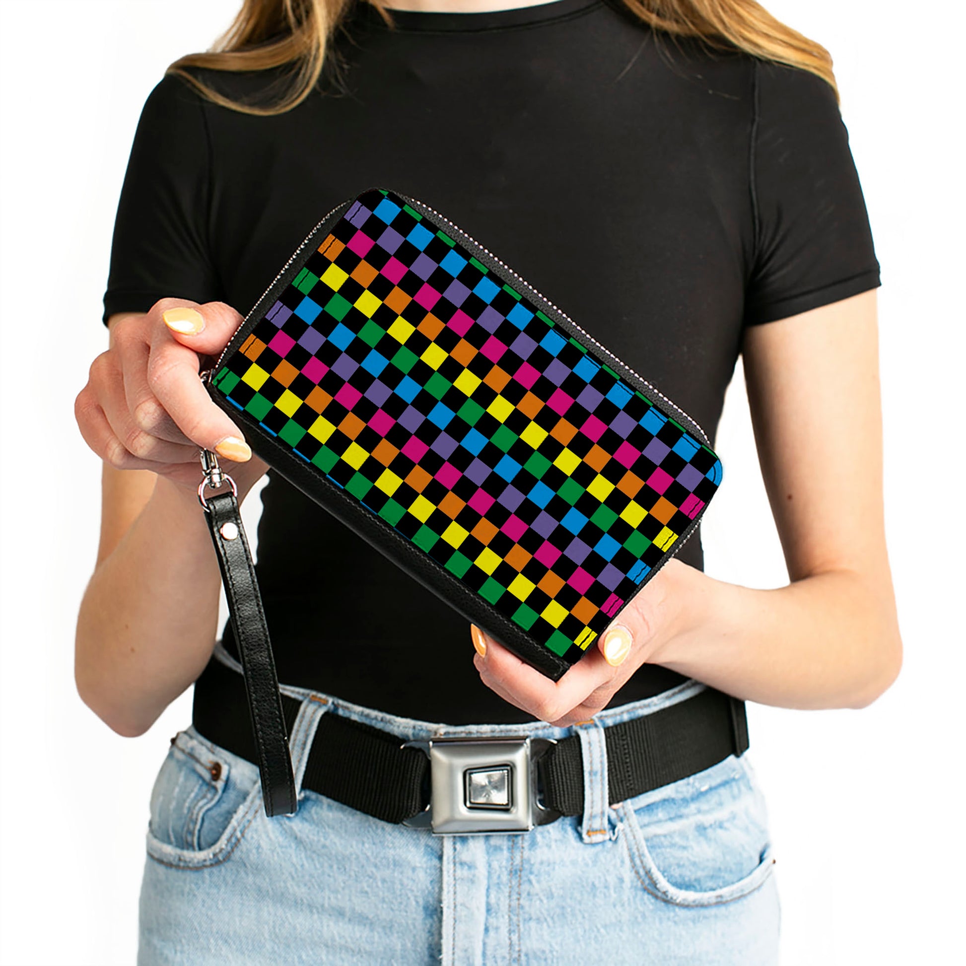 PU Zip Around Wallet Rectangle - Checker Black/Neon Rainbow Clutch Zip Around Wallets Buckle-Down   