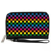 PU Zip Around Wallet Rectangle - Checker Black/Neon Rainbow Clutch Zip Around Wallets Buckle-Down   
