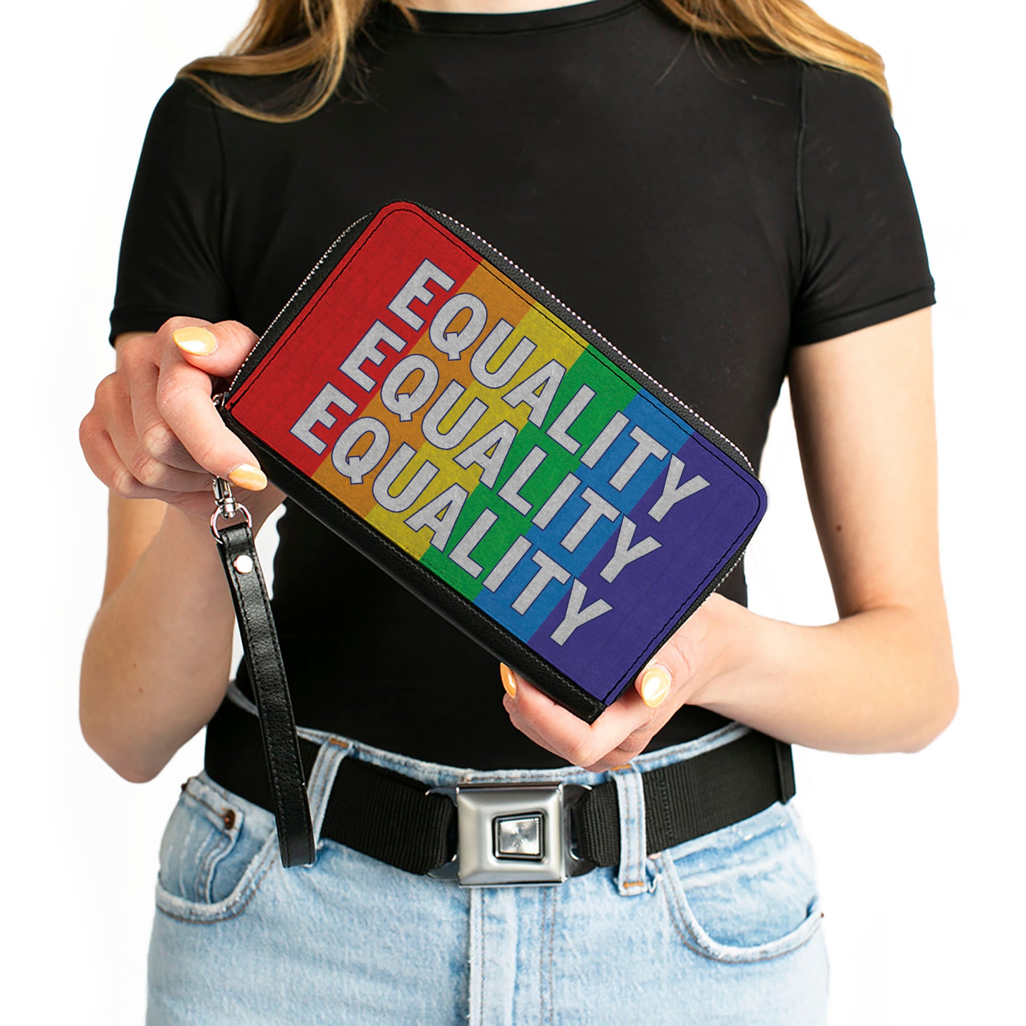 Women's PU Zip Around Wallet Rectangle - EQUALITY Blocks Rainbow Blue White Clutch Zip Around Wallets Buckle-Down   