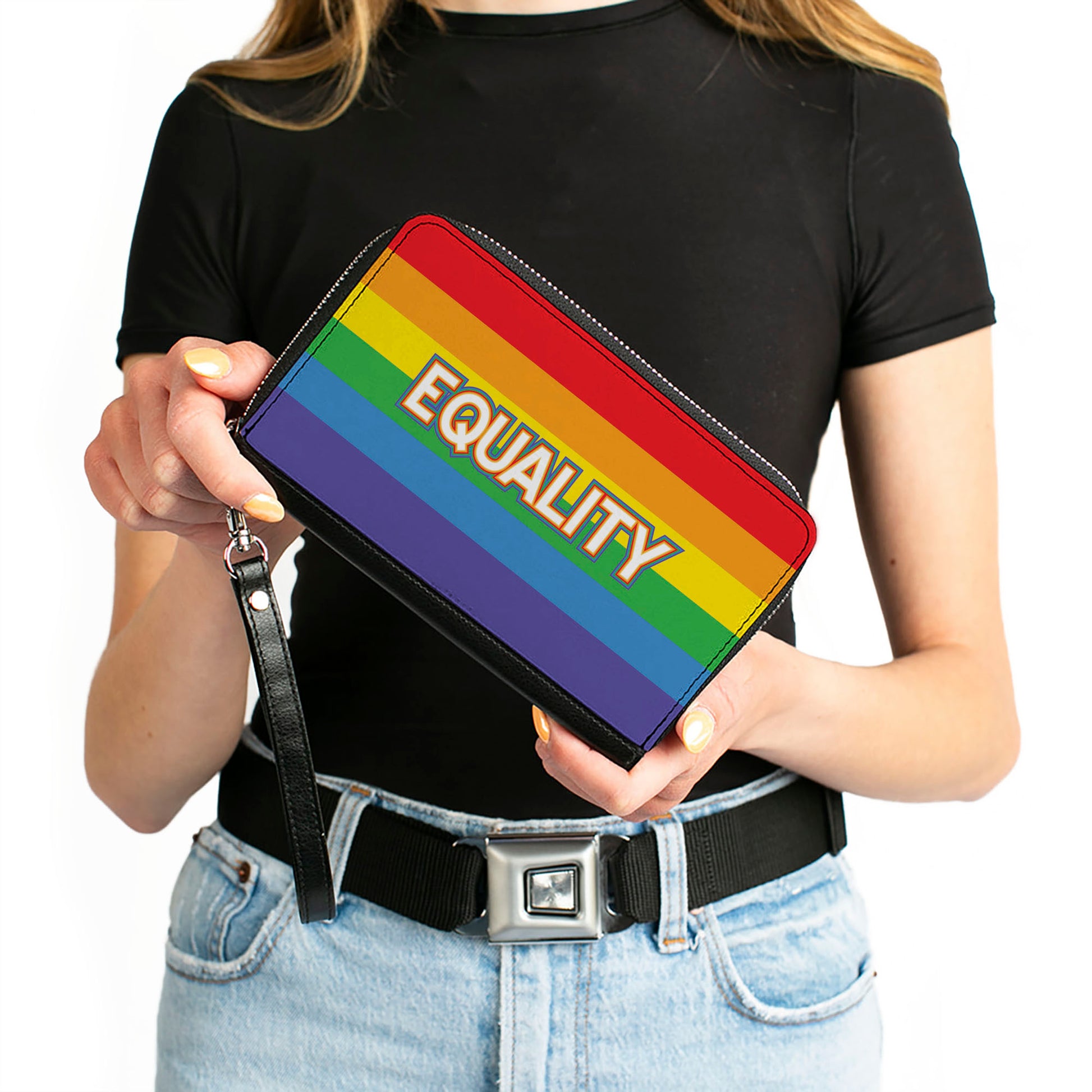 Women's PU Zip Around Wallet Rectangle - EQUALITY Stripe Rainbow White Clutch Zip Around Wallets Buckle-Down   