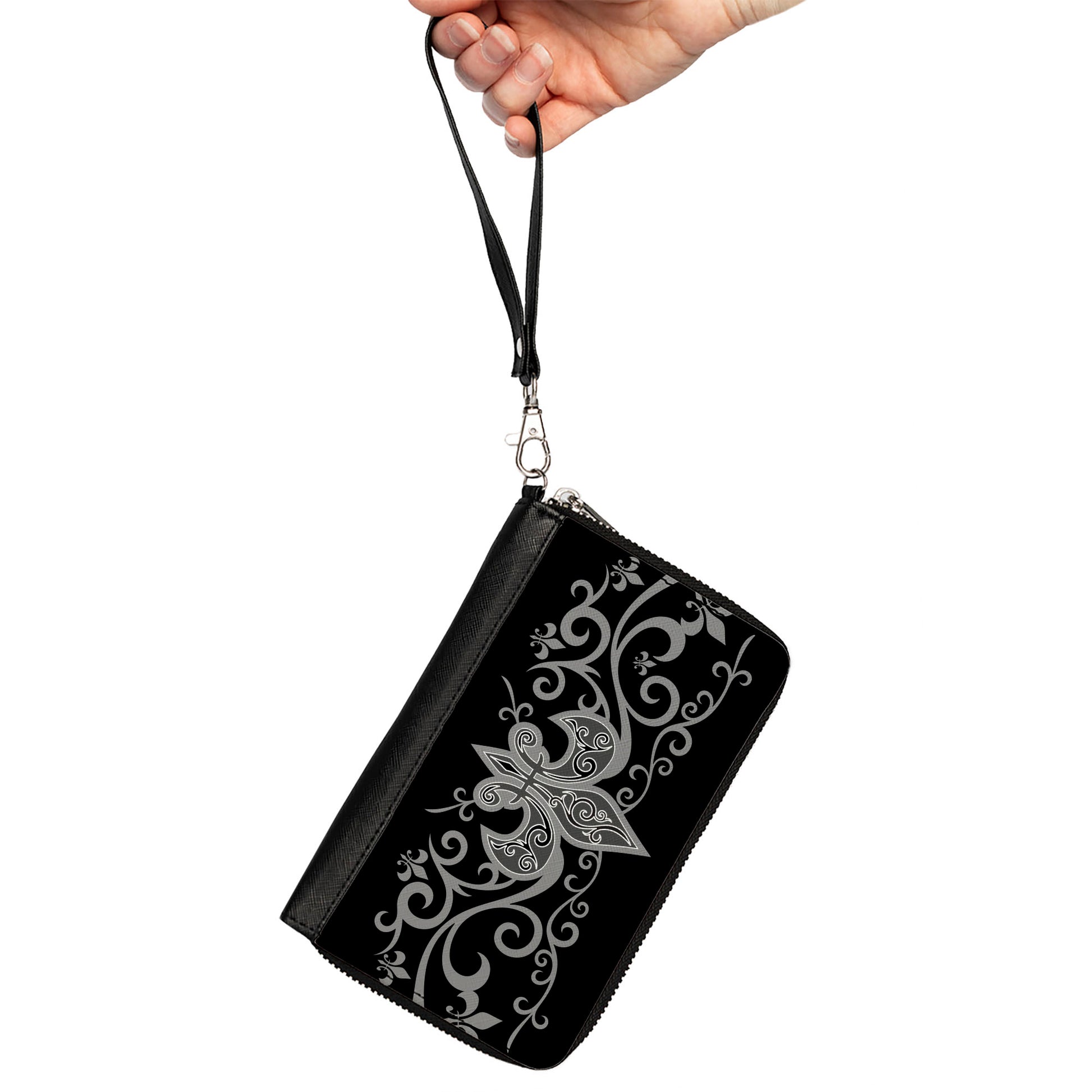 PU Zip Around Wallet Rectangle - Fleur-de-Lis w/Filigree Black/Gray Clutch Zip Around Wallets Buckle-Down   