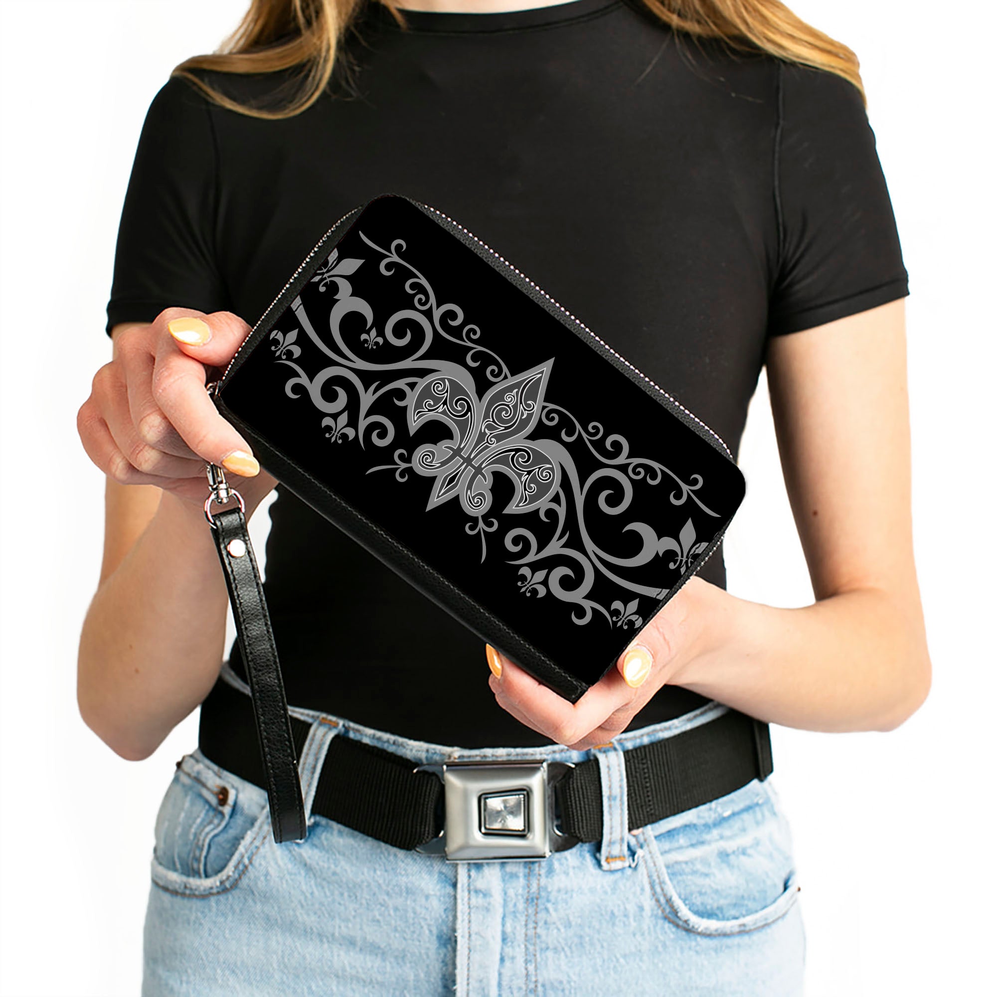PU Zip Around Wallet Rectangle - Fleur-de-Lis w/Filigree Black/Gray Clutch Zip Around Wallets Buckle-Down   