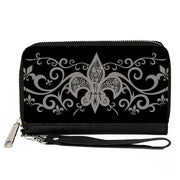 PU Zip Around Wallet Rectangle - Fleur-de-Lis w/Filigree Black/Gray Clutch Zip Around Wallets Buckle-Down   