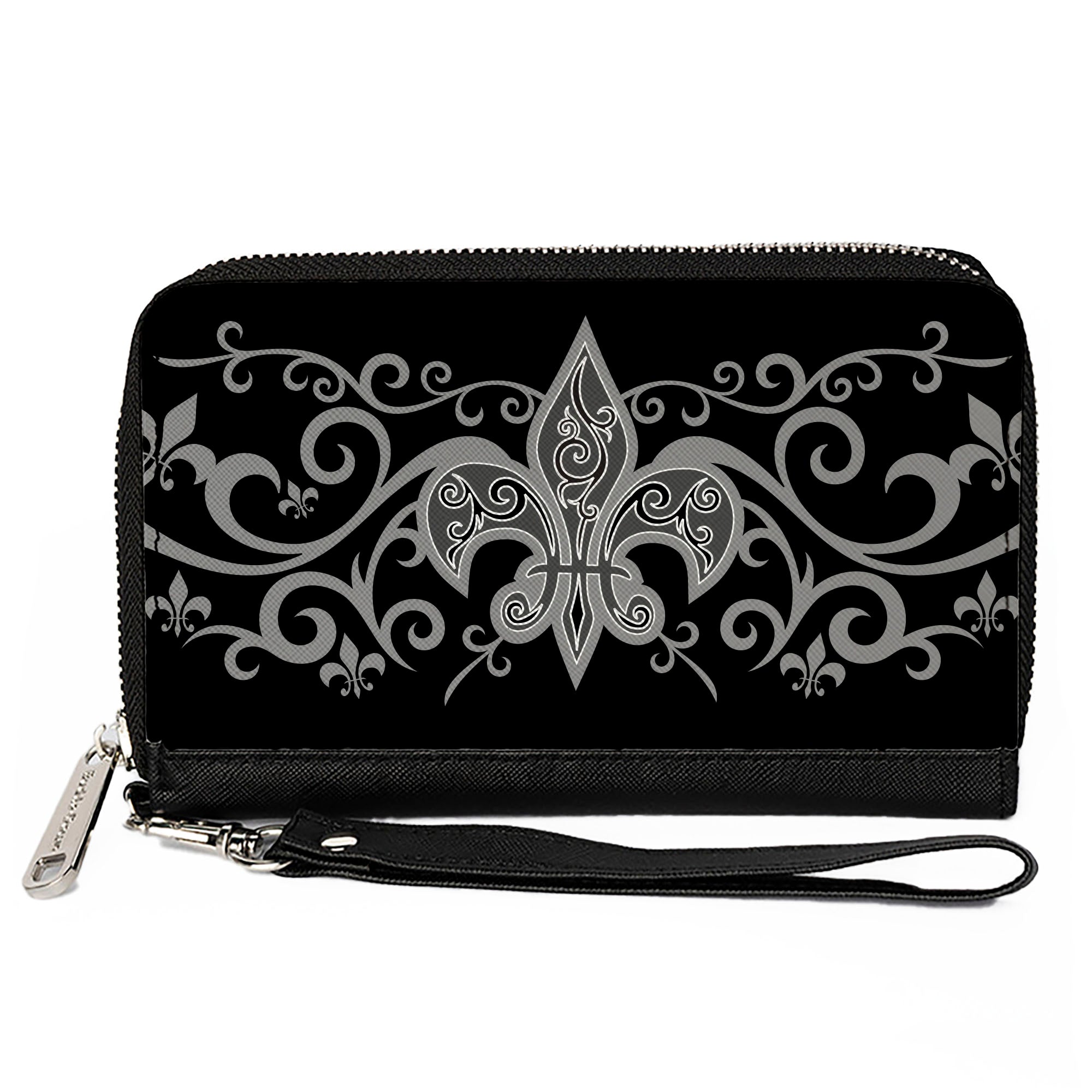 PU Zip Around Wallet Rectangle - Fleur-de-Lis w/Filigree Black/Gray Clutch Zip Around Wallets Buckle-Down   