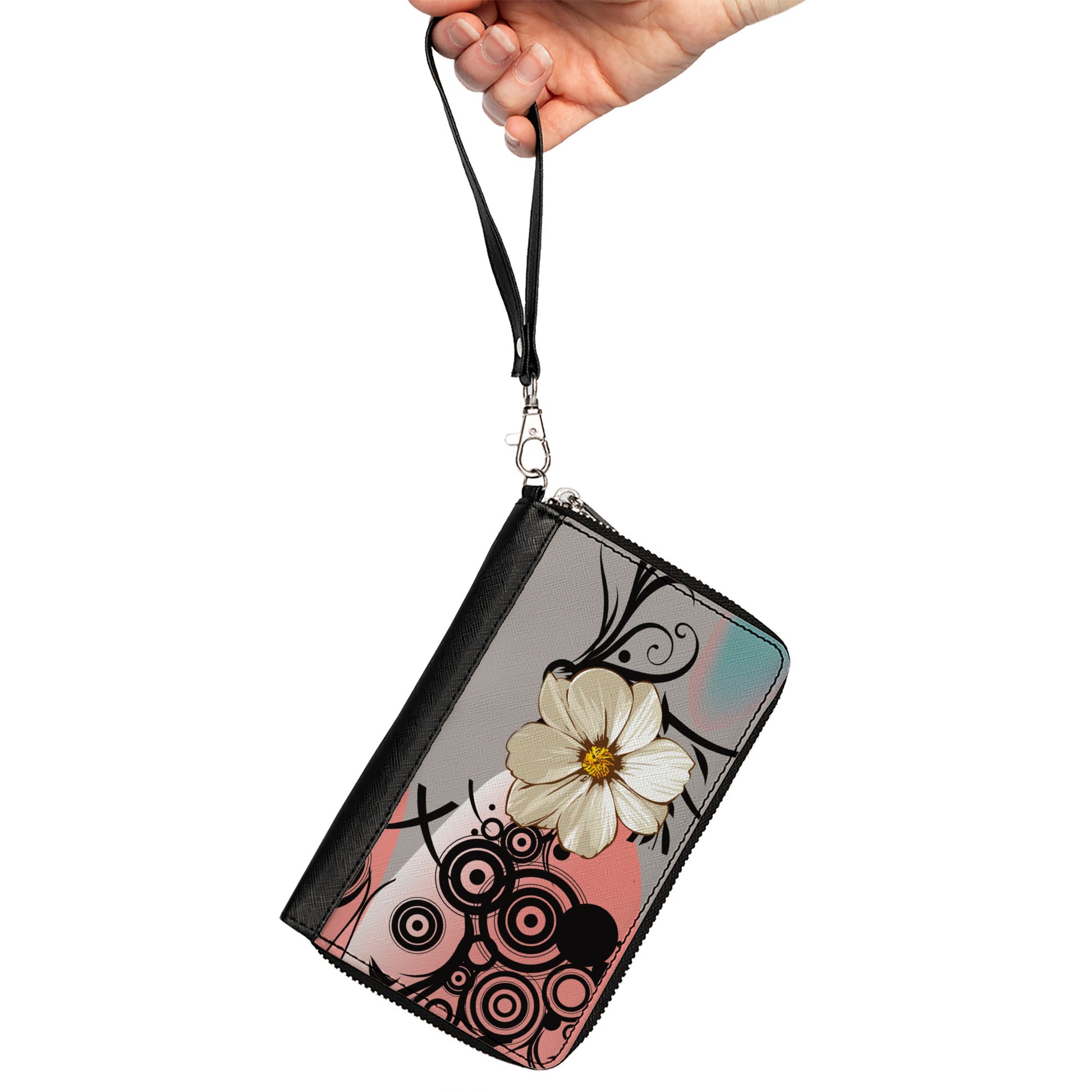 Women's PU Zip Around Wallet Rectangle - Flowers w Filigree Pink Clutch Zip Around Wallets Buckle-Down   