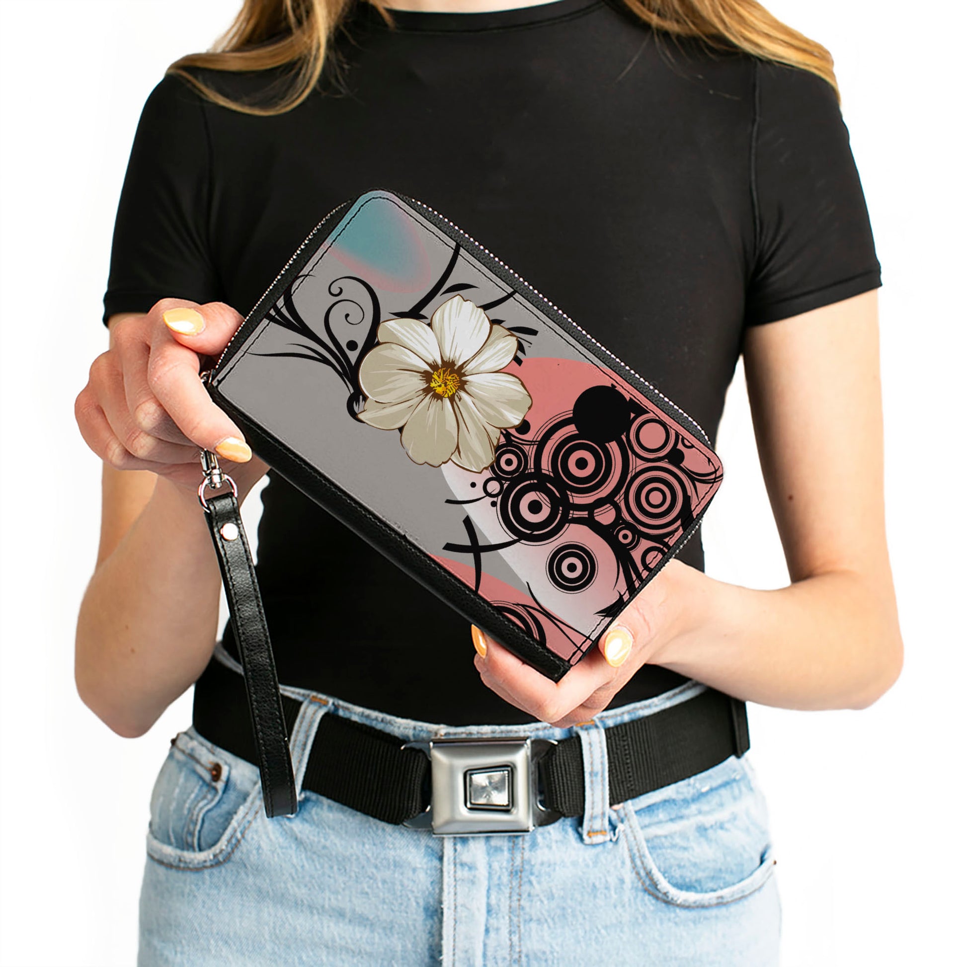 Women's PU Zip Around Wallet Rectangle - Flowers w Filigree Pink Clutch Zip Around Wallets Buckle-Down   