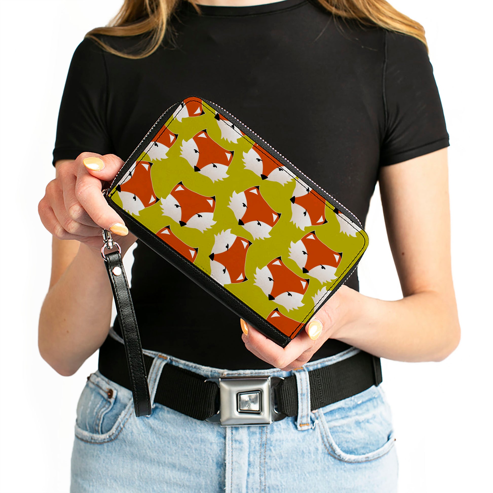 PU Zip Around Wallet Rectangle - Fox Face Scattered Warm Olive Clutch Zip Around Wallets Buckle-Down   